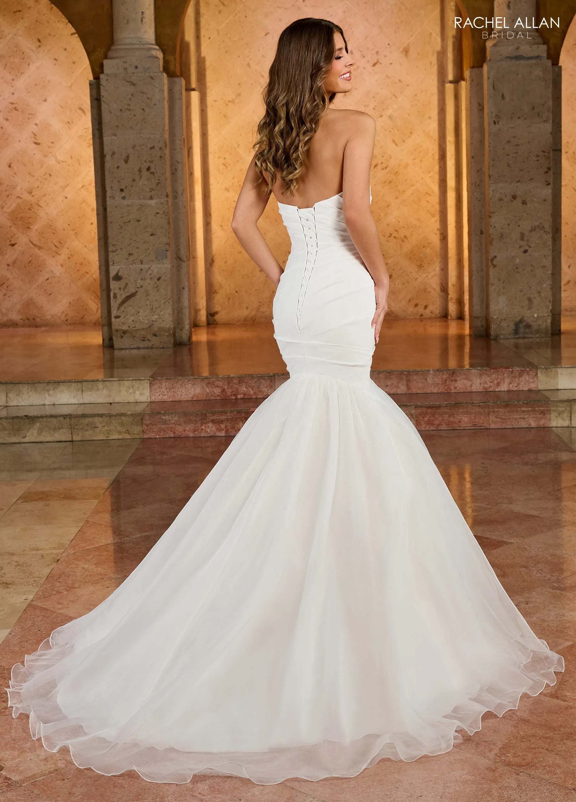 Ivory Strapless Mermaid Stretch Crepe and Tulle Bridal Gown with Sweep Train Rachel Allan RB2175