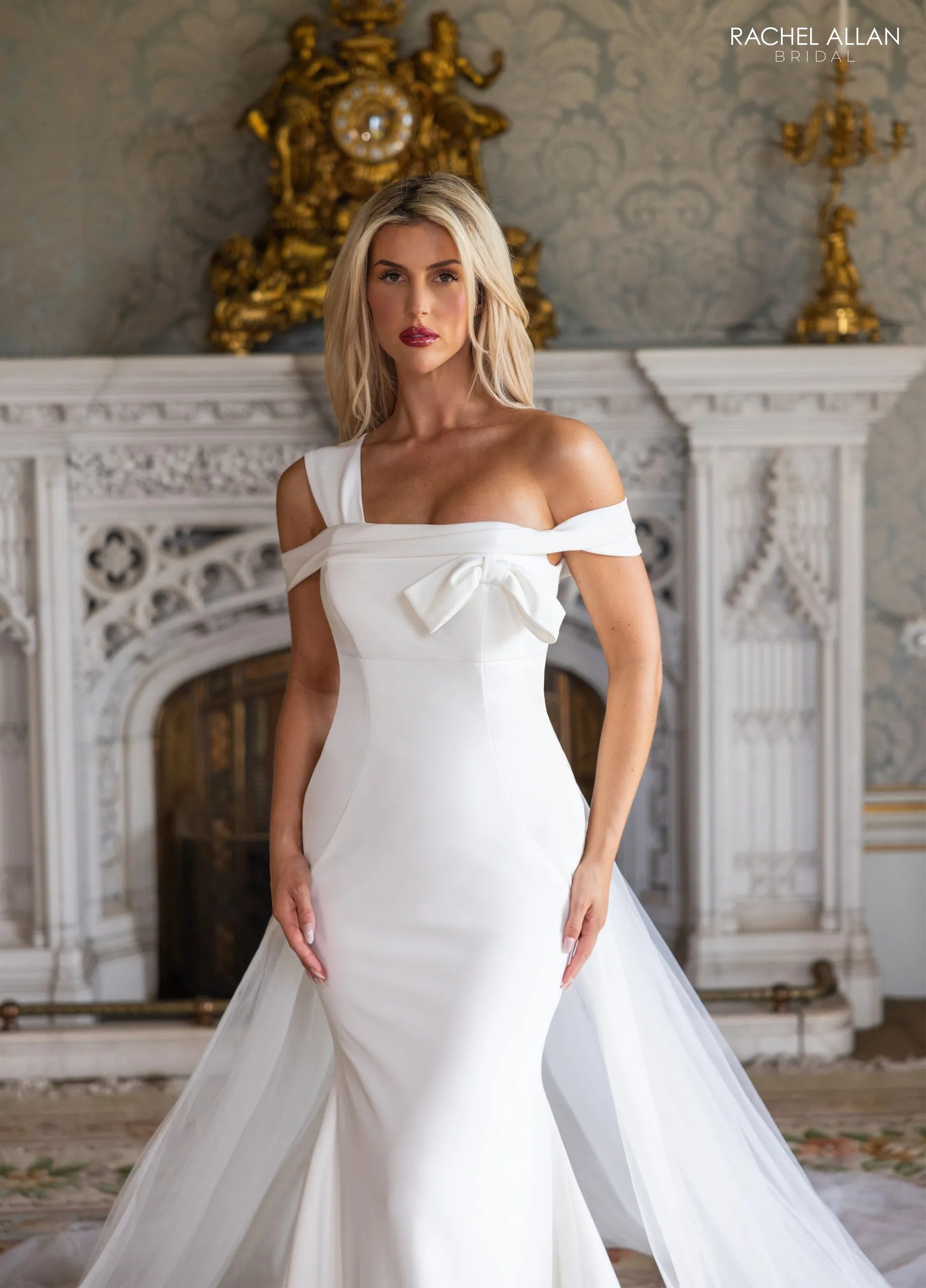 Ivory Off-the-Shoulder Floor-Length Satin Bridal Gown with Detachable Tulle Overskirt Rachel Allan RB2238