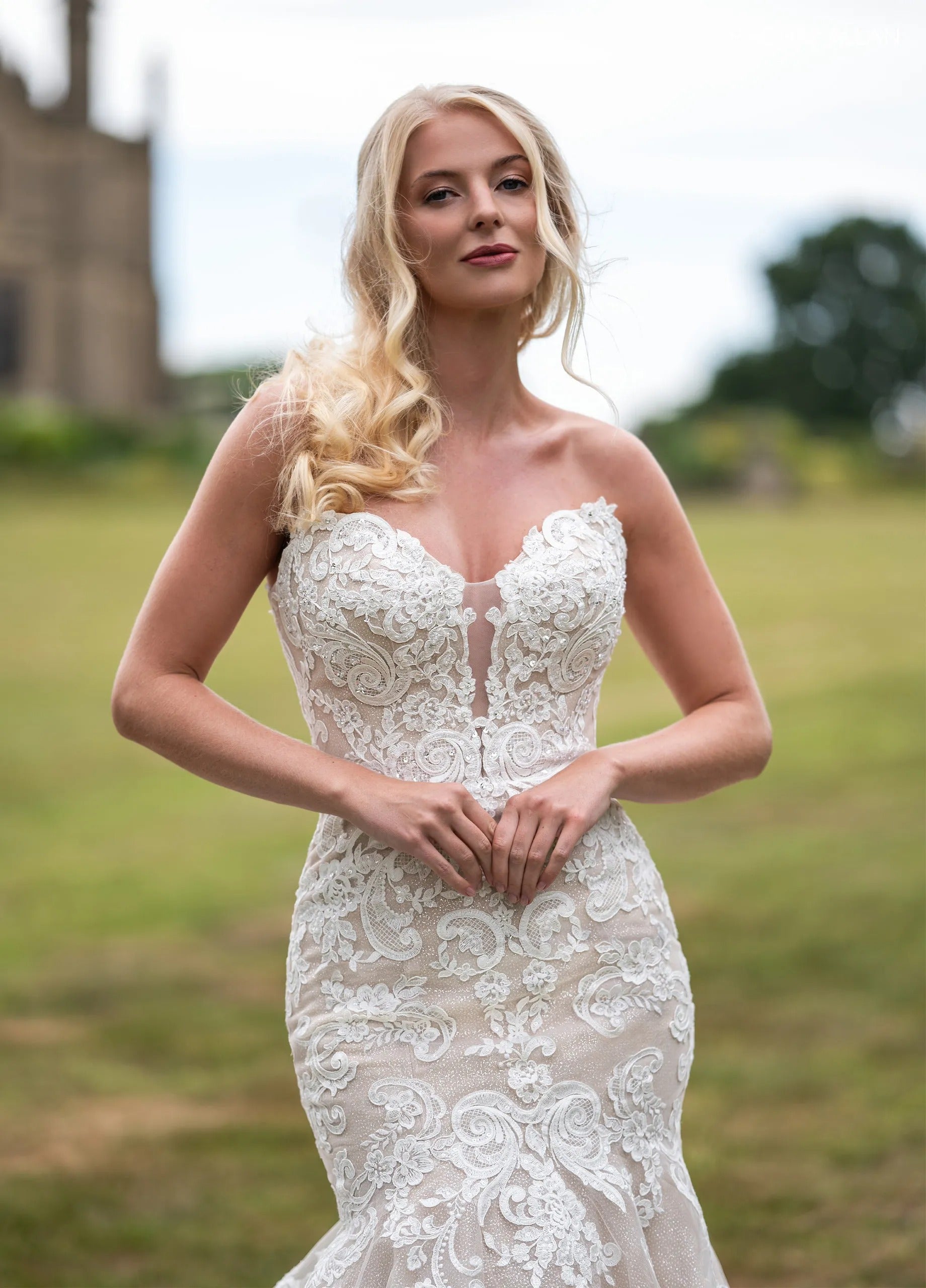 Ivory Champagne Sweetheart Floor-Length Glitter Tulle Wedding Dress with Applique Rachel Allan RB2239