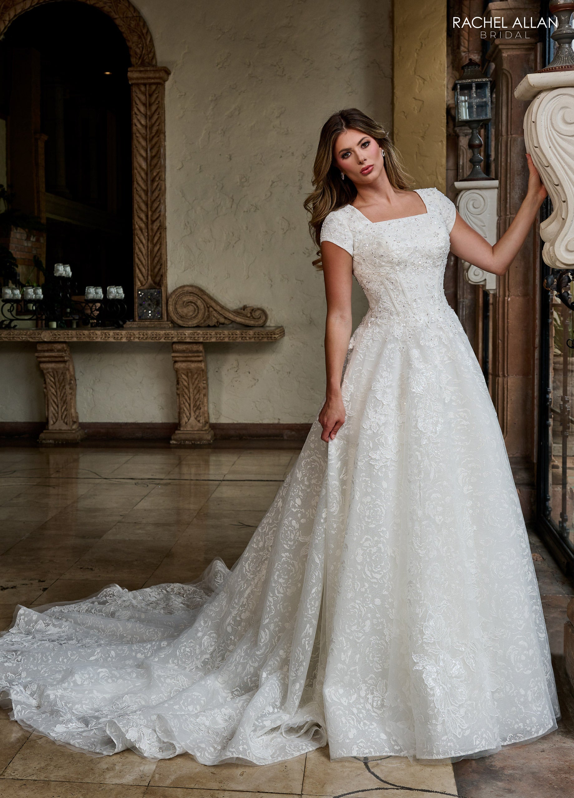 Ivory Rachel Allan RB7006 Long Beaded Ball Gown Lace Glitter