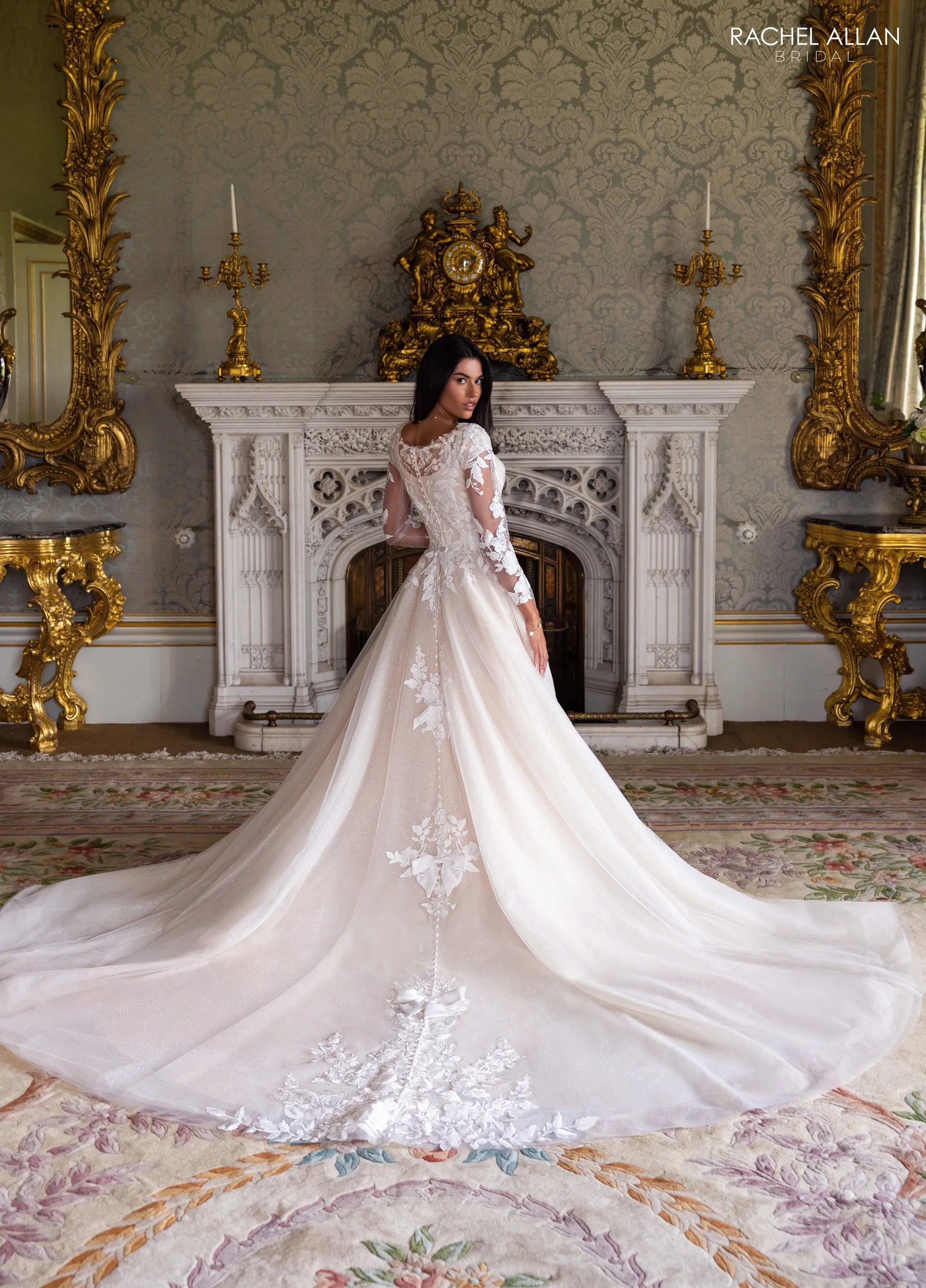 Ivory Champagne Nude Illusion Neck Floor-Length Glitter Tulle Wedding Gown with Long Sleeves Rachel Allan RB7026