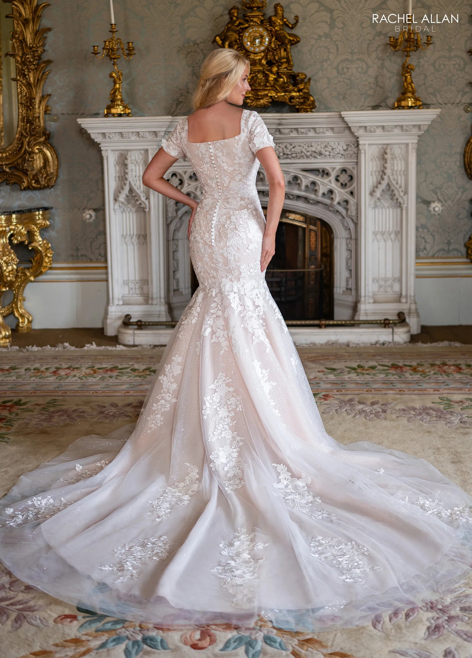 Square Neck Floor-Length Glitter Tulle Bridal Gown with Mermaid Train Rachel Allan RB7023