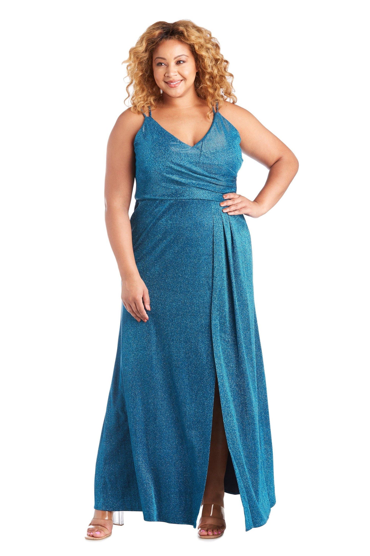 Morgan & Co Plus Size Long Metallic Dress 12841WM - The Dress Outlet