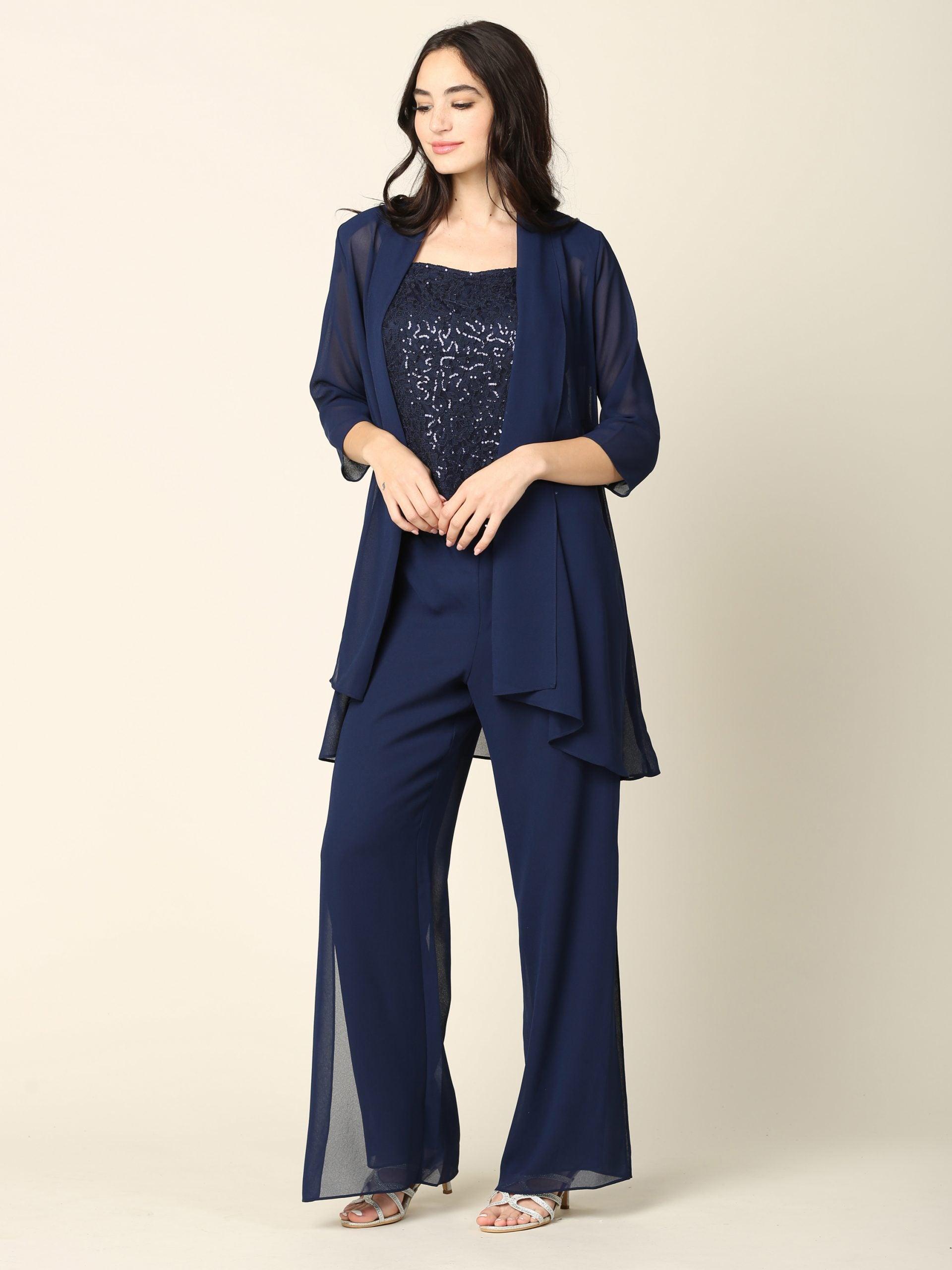 Formal Mother of the Bride Jacket Pant Suit Navy
