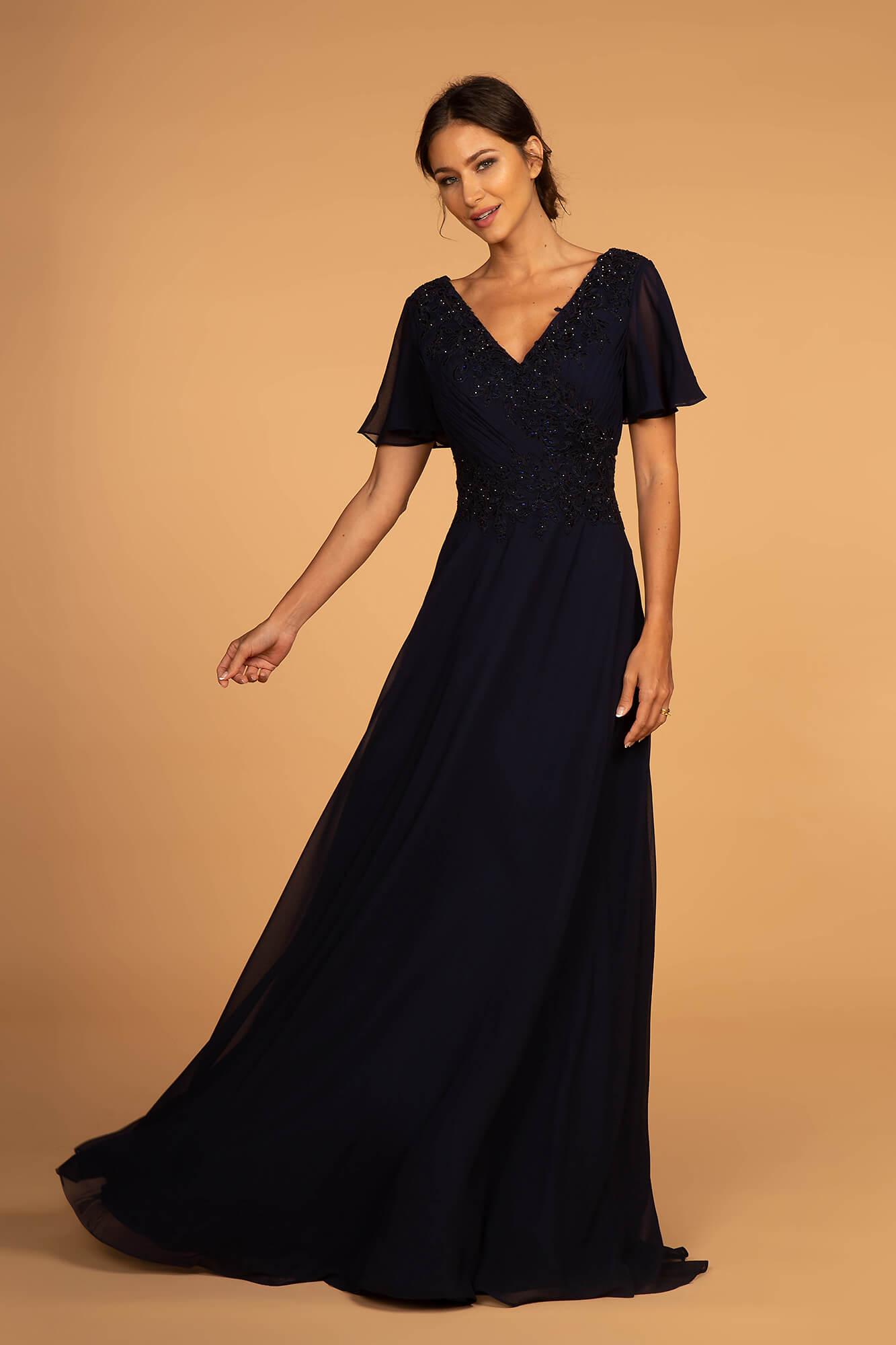 Mother of the Bride V-Neck Chiffon Long Dress Navy