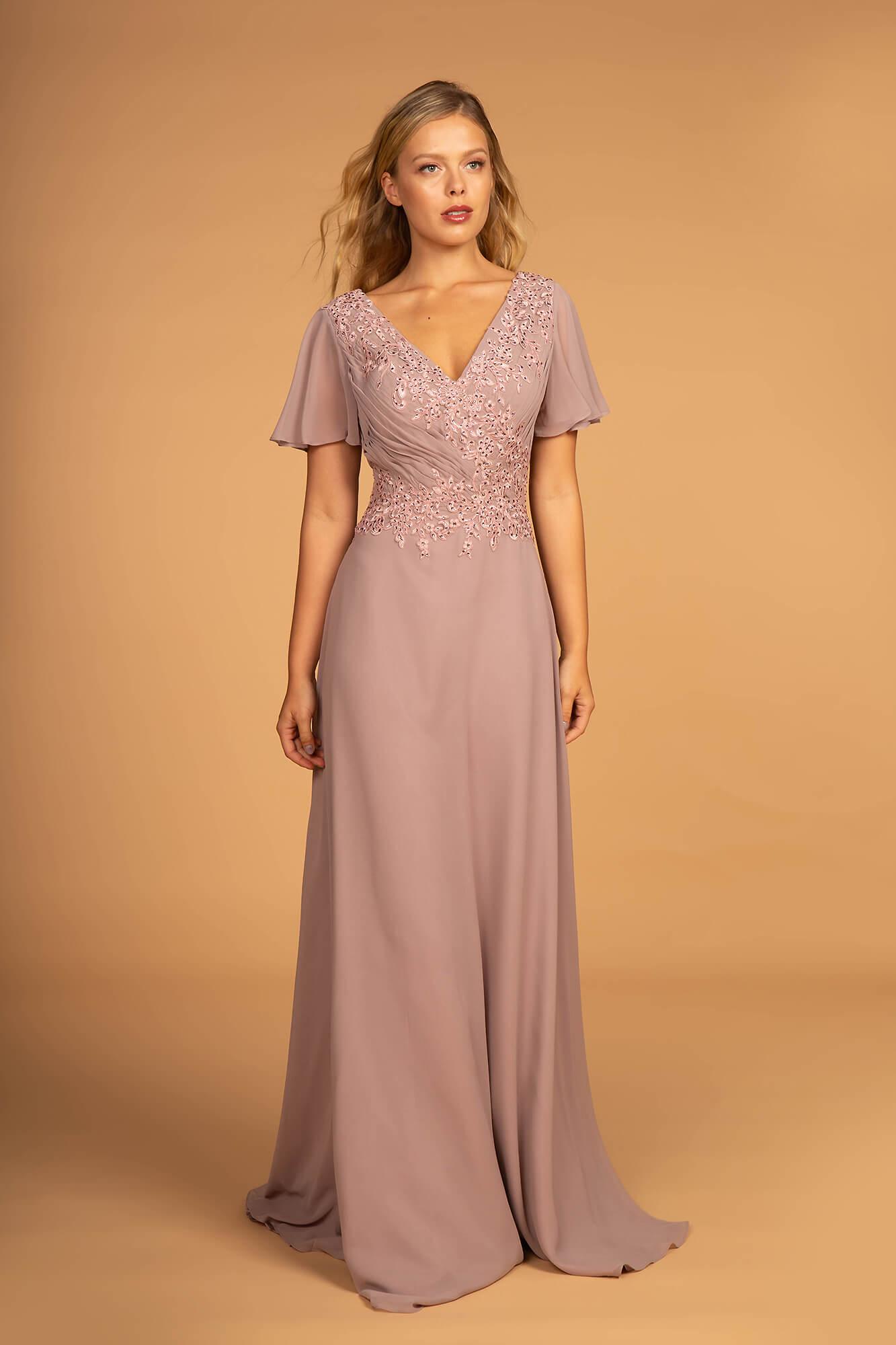 Mother of the Bride V-Neck Chiffon Long Dress Mauve