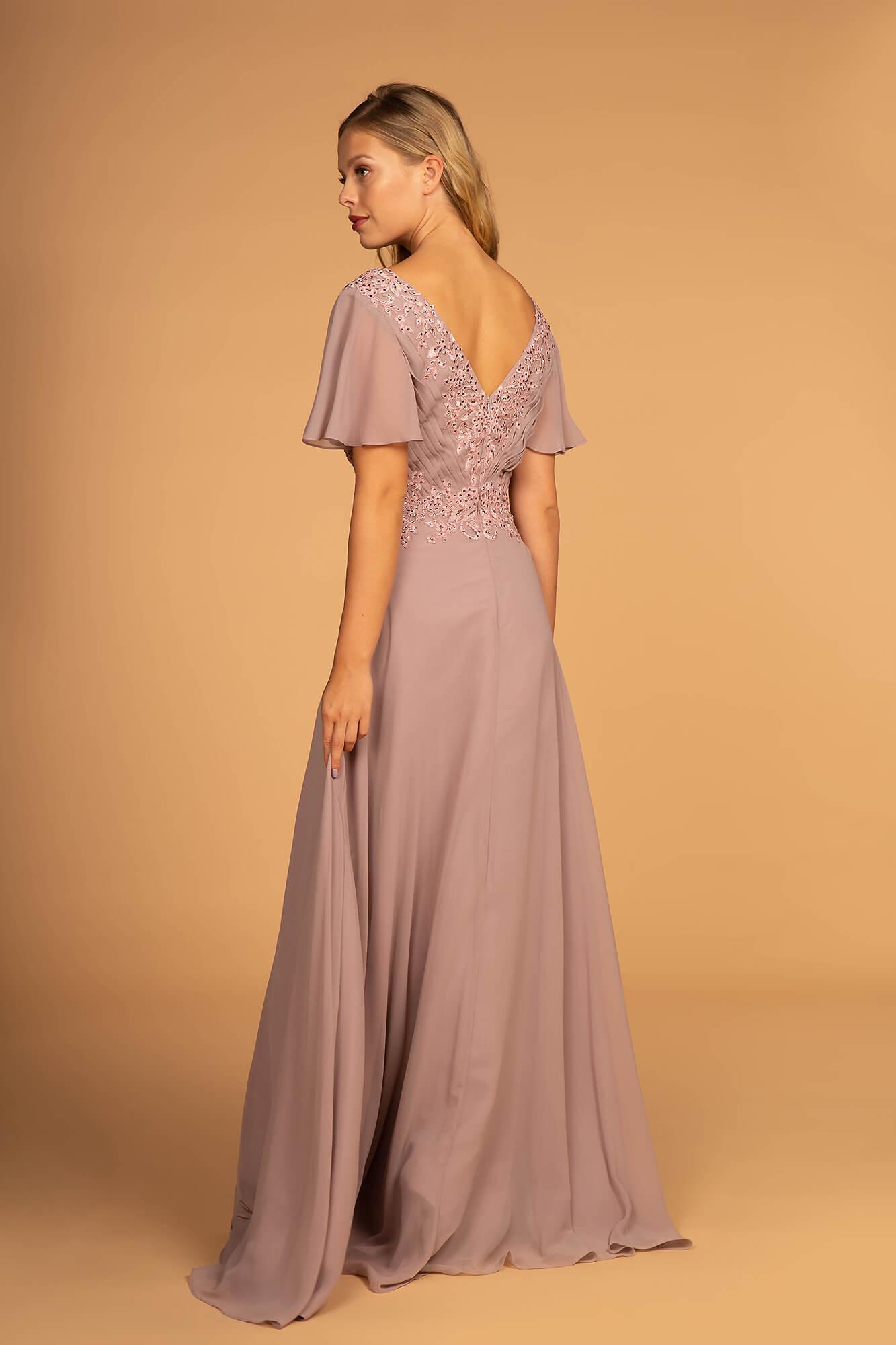 Mother of the Bride V-Neck Chiffon Long Dress Mauve