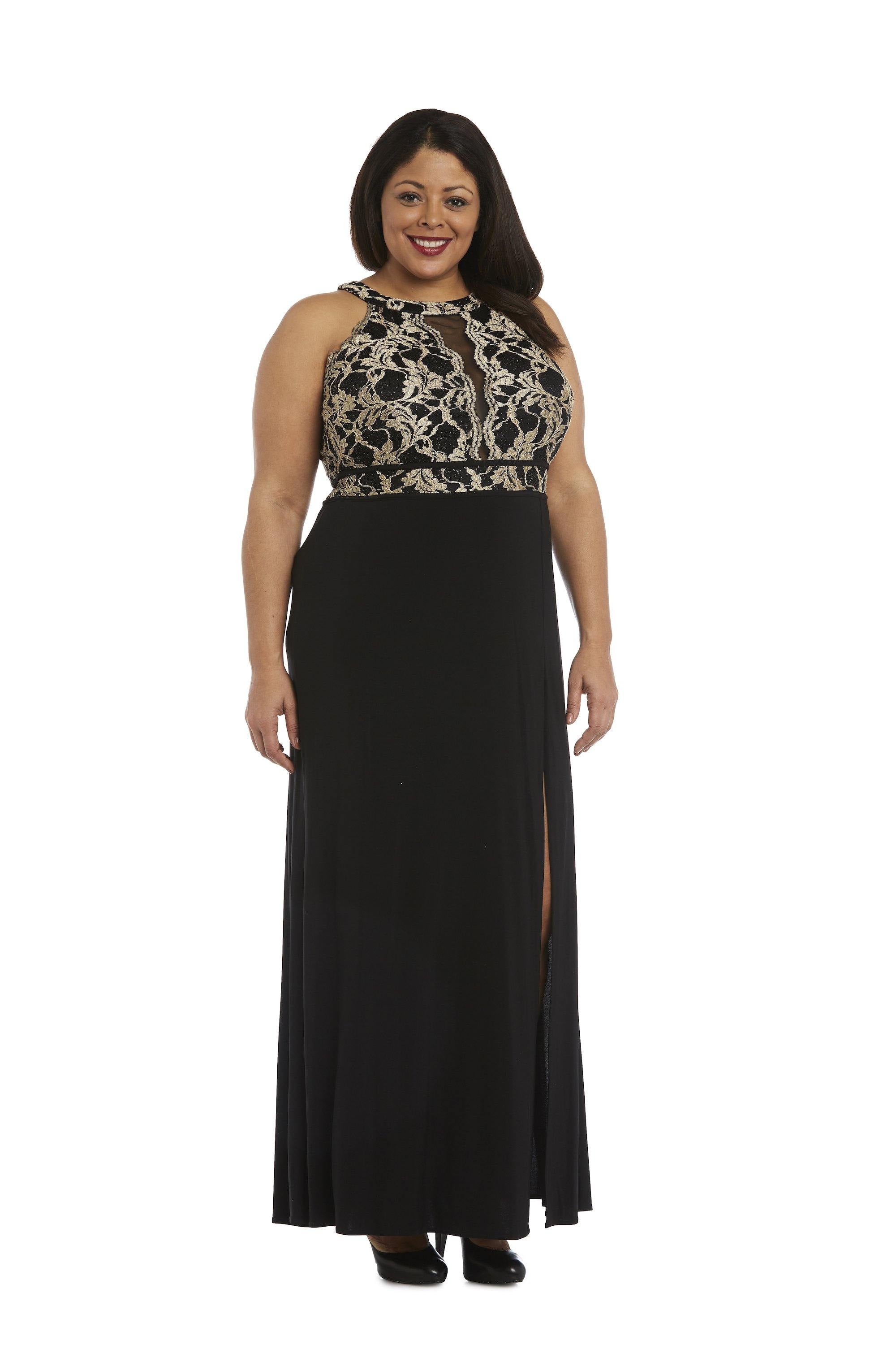 Black/Gold Nightway Long Plus Size Formal Lace Dress 12444W