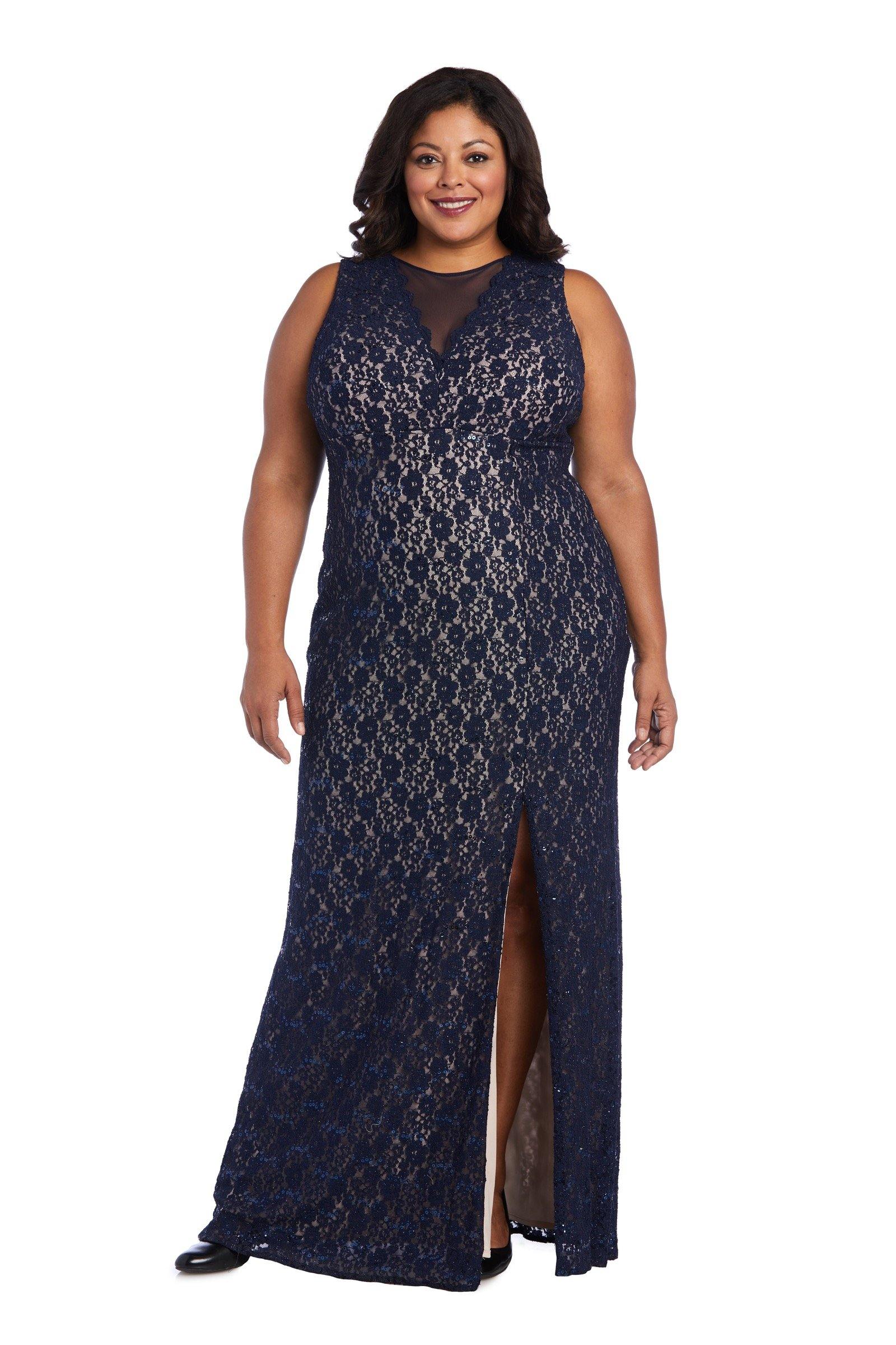 Black/Nude Nightway Long Plus Size Glitter Lace Dress 21547W