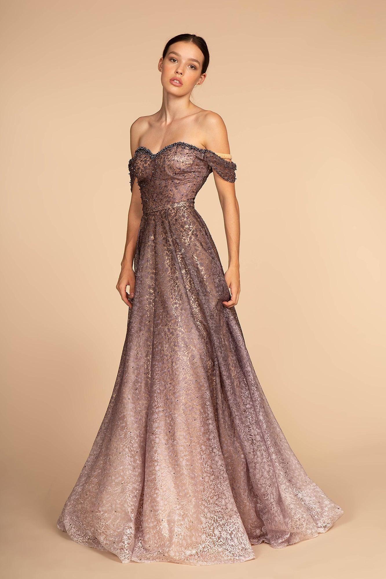 Off Shoulder Ball Gown Long Prom Dress - The Dress Outlet Elizabeth K