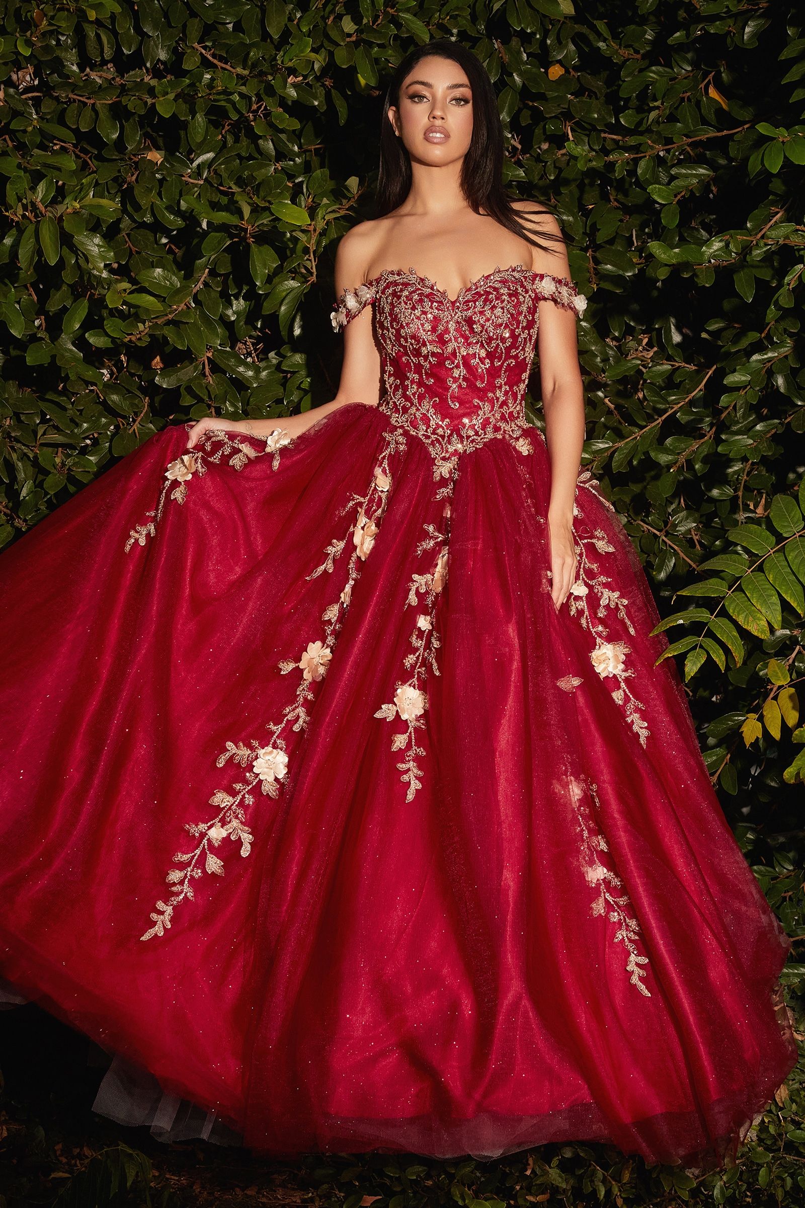 Quinceañera Dresses Floral Sequin Embellished Long Quinceañera Ball Gown Red