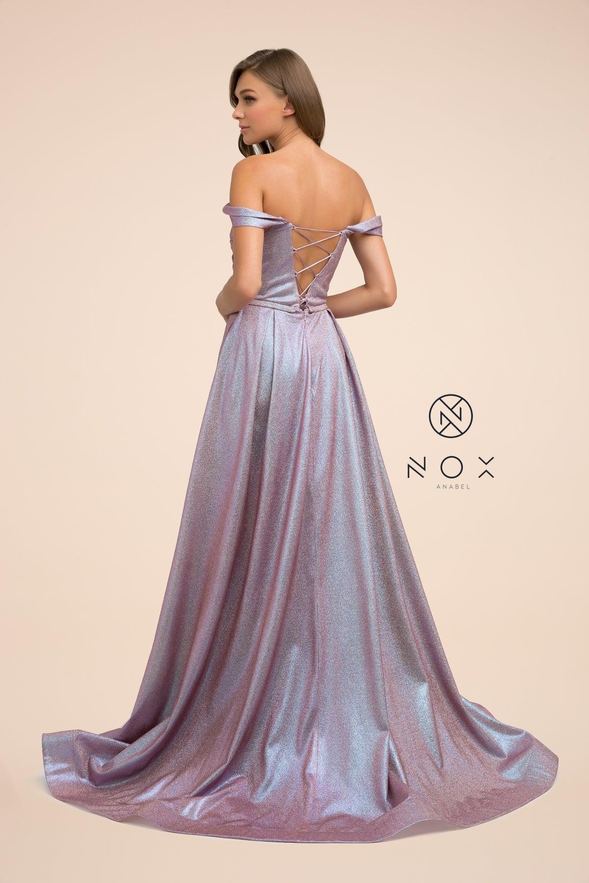 Off Shoulder Metallic Glitter Prom Long Ball Gown - The Dress Outlet