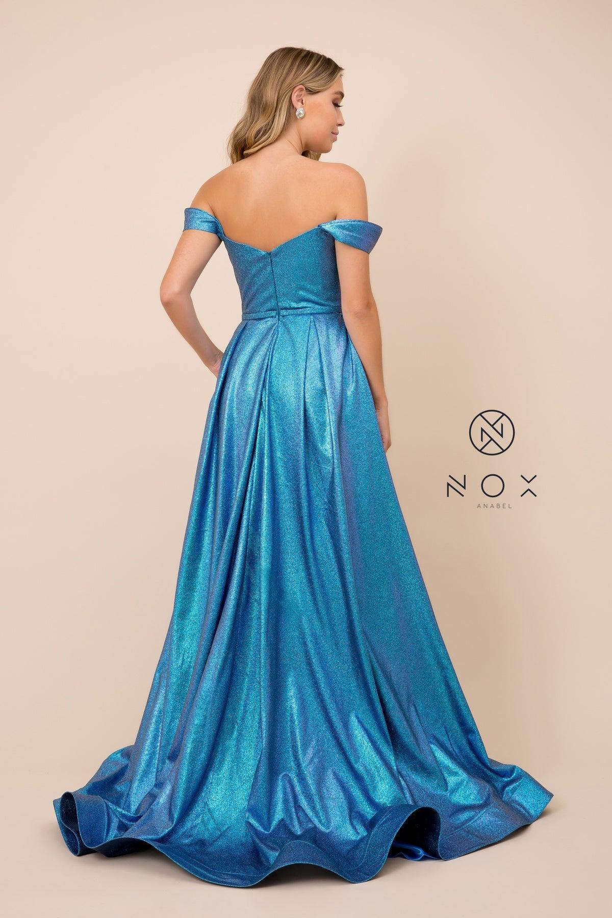 Off Shoulder Metallic Glitter Prom Long Ball Gown - The Dress Outlet