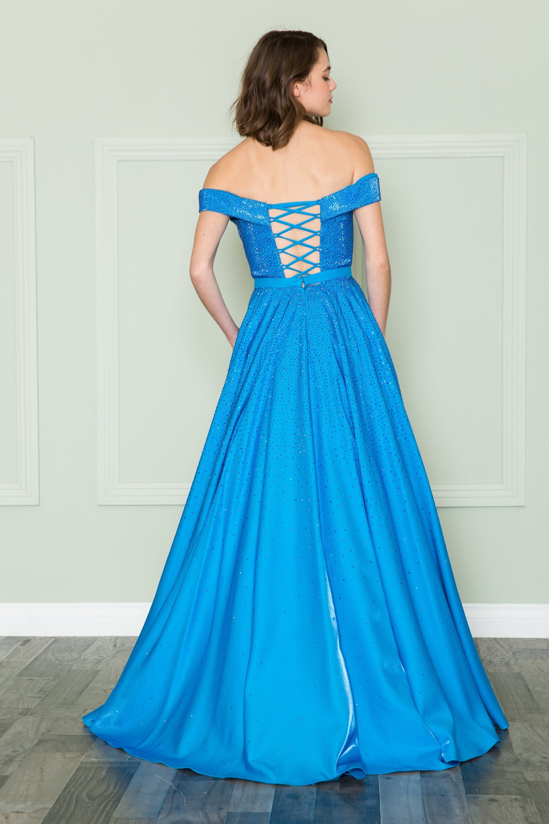 Ocean Blue Off-the-Shoulder Floor-Length Shimmer Mesh Prom A-Line Gown with Rhinestones Poly USA 8890