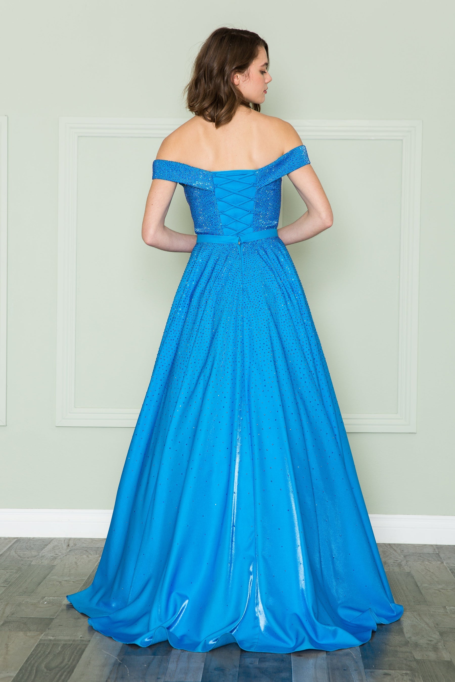 Ocean Blue Off-the-Shoulder Floor-Length Shimmer Mesh Prom A-Line Gown with Rhinestones Poly USA 8890