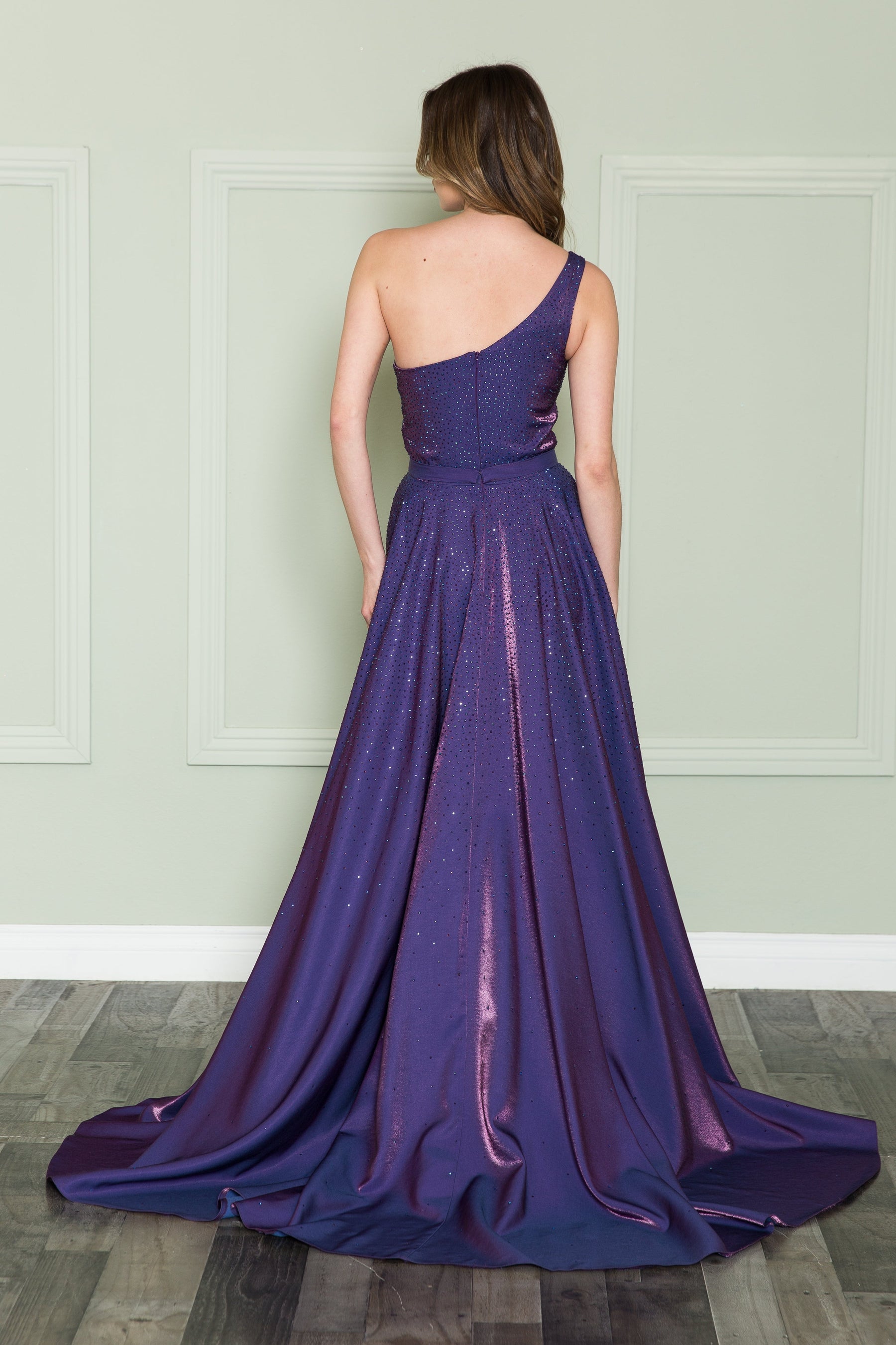 Purple One-Shoulder Floor-Length Sequin Prom Dress with Side Slit Poly USA 8920
