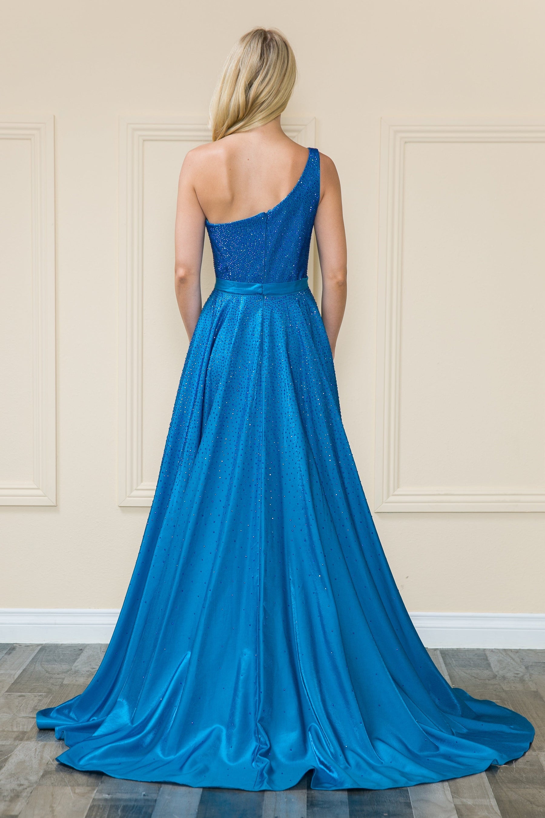 Ocean Blue One-Shoulder Floor-Length Sequin Prom Dress with Side Slit Poly USA 8920