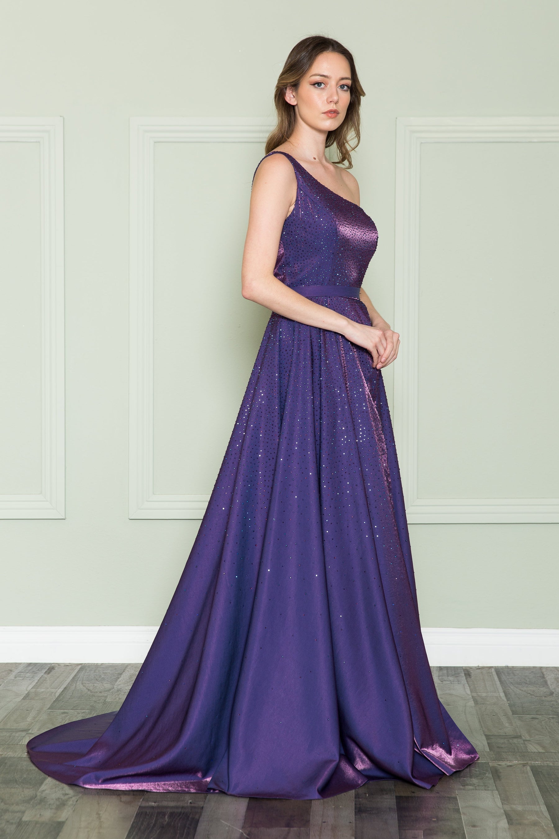 Purple One-Shoulder Floor-Length Sequin Prom Dress with Side Slit Poly USA 8920