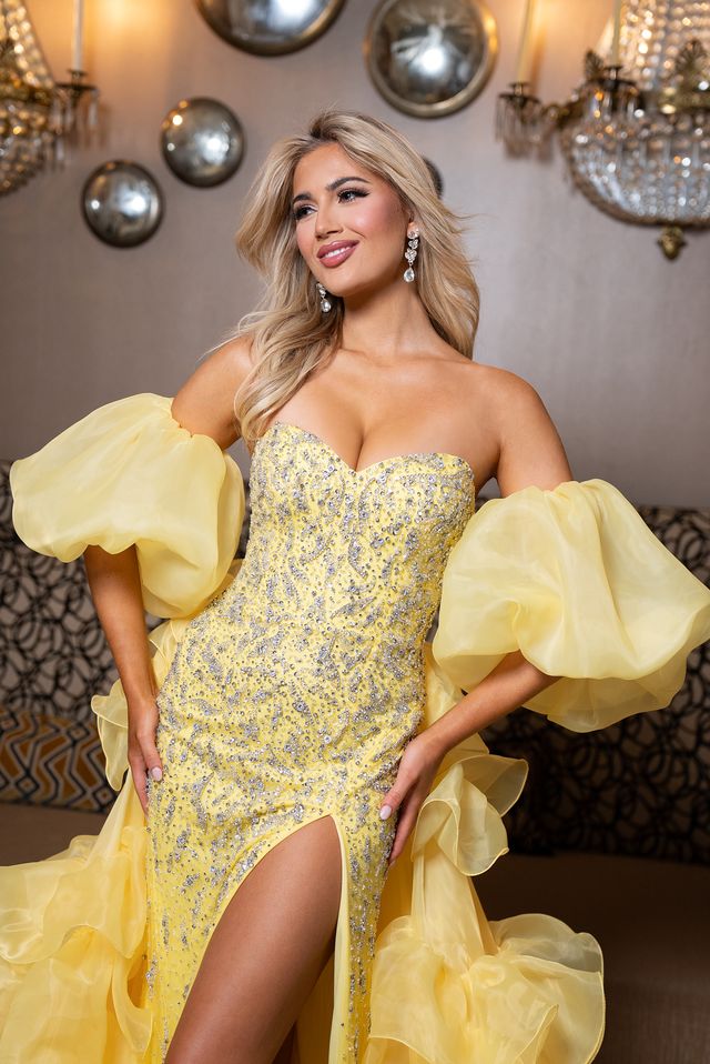 Prom Dresses Puffy Overskirt Beaded long Formal Gown YELLOW