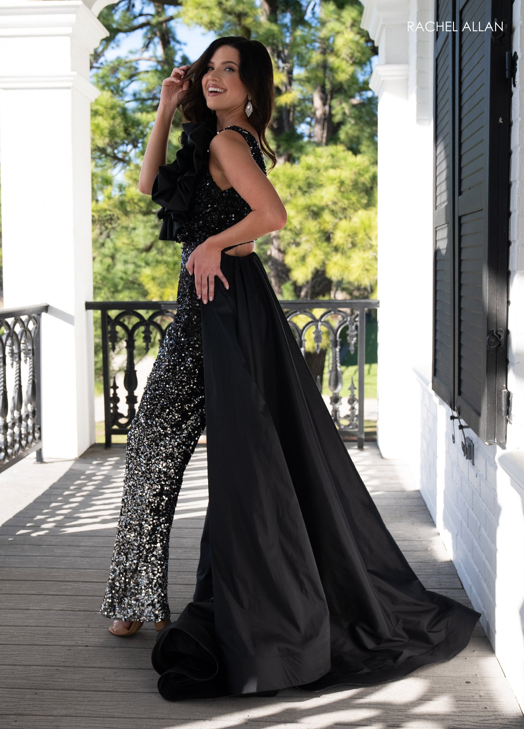 Jumpsuit Long Formal Sequin Ombre Overskirt Prom Jumpsuit BLACK OMBRE