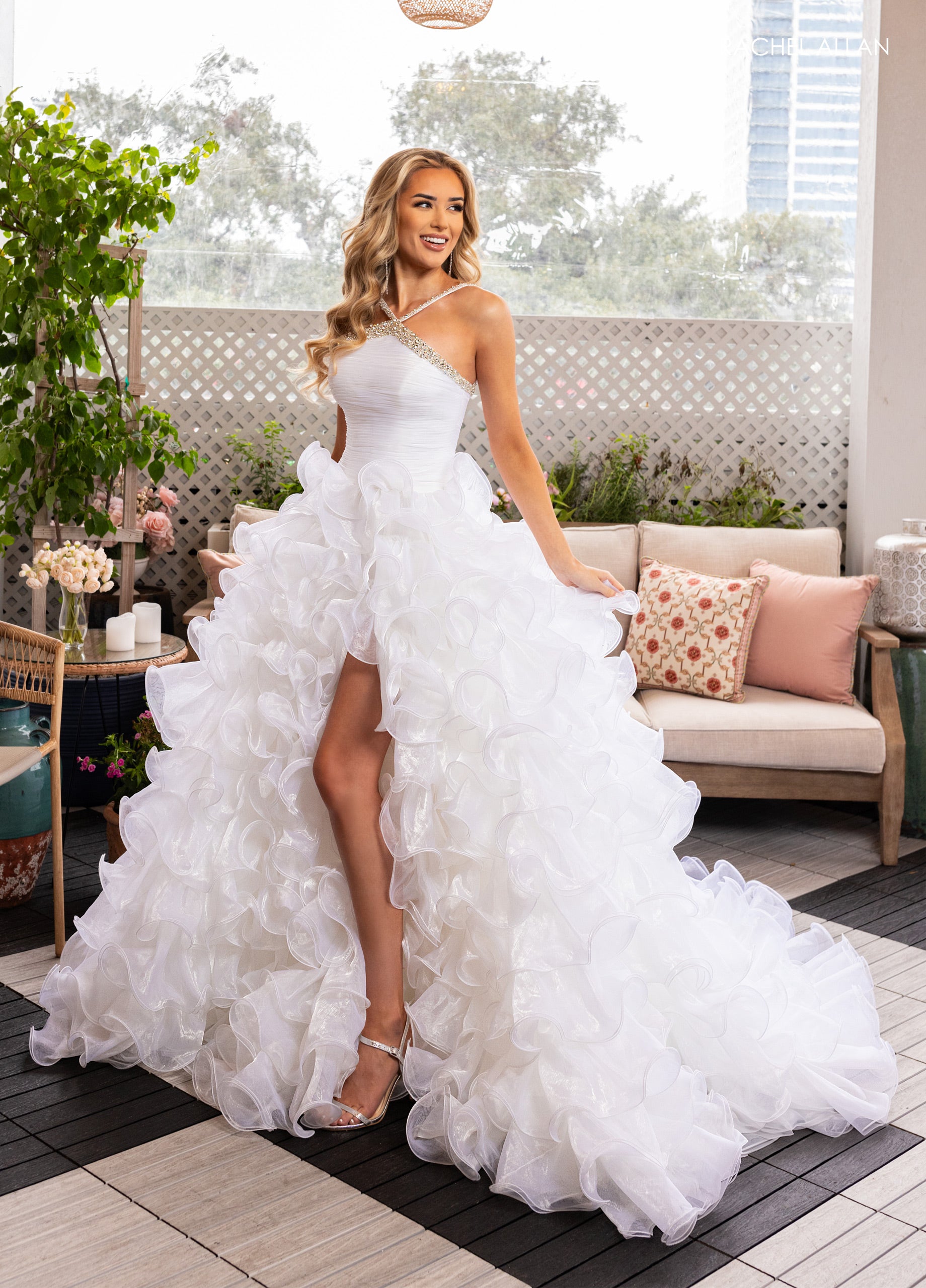 Prom Dresses Ball Gown Long Slit Ruffle Prom Dress White