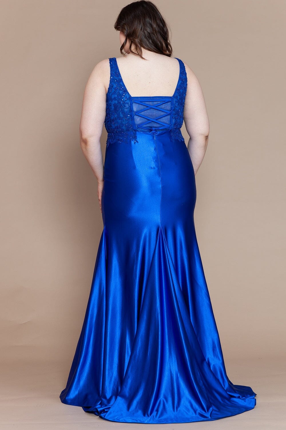 Royal V Neck Floor Length Embroidered Plus Size Gown with Sweep Train Formal Dress Poly USA W1160