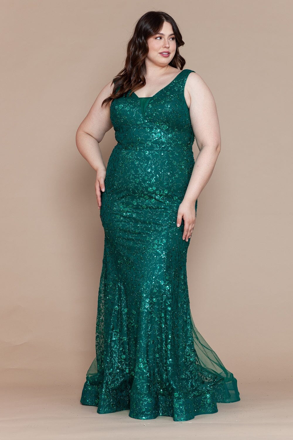 Emerald V-Neck Floor-Length Glitter Print Dress with Side Slit and Lace-Up Back Plus Size Gown Poly USA W1136