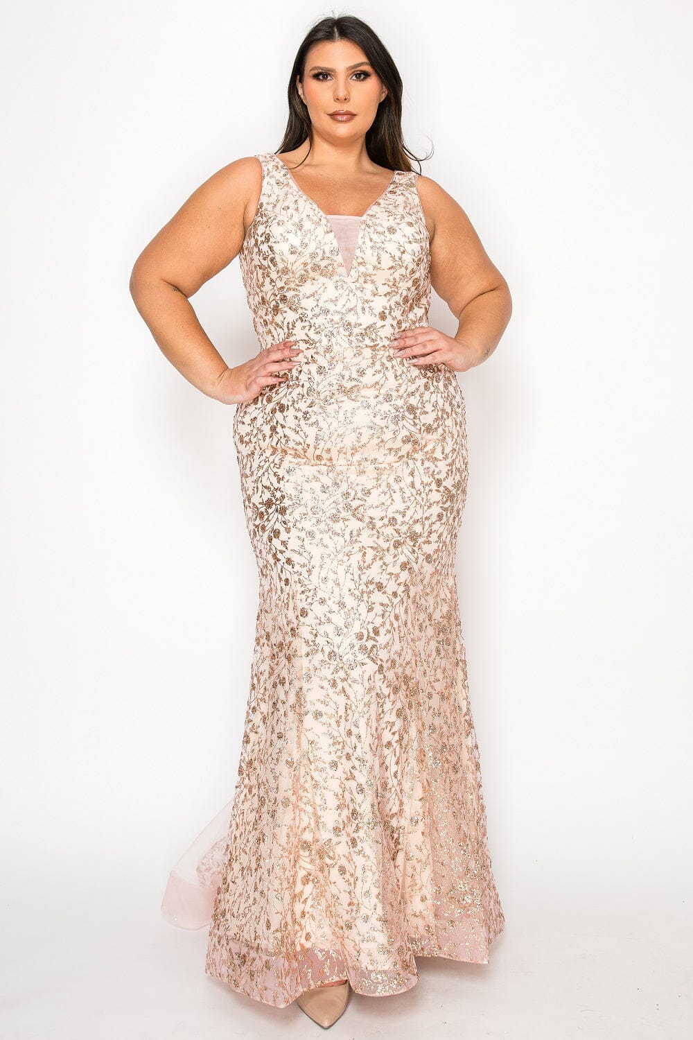 Gold/Rose Gold V-Neck Floor-Length Glitter Print Dress with Side Slit and Lace-Up Back Plus Size Gown Poly USA W1136