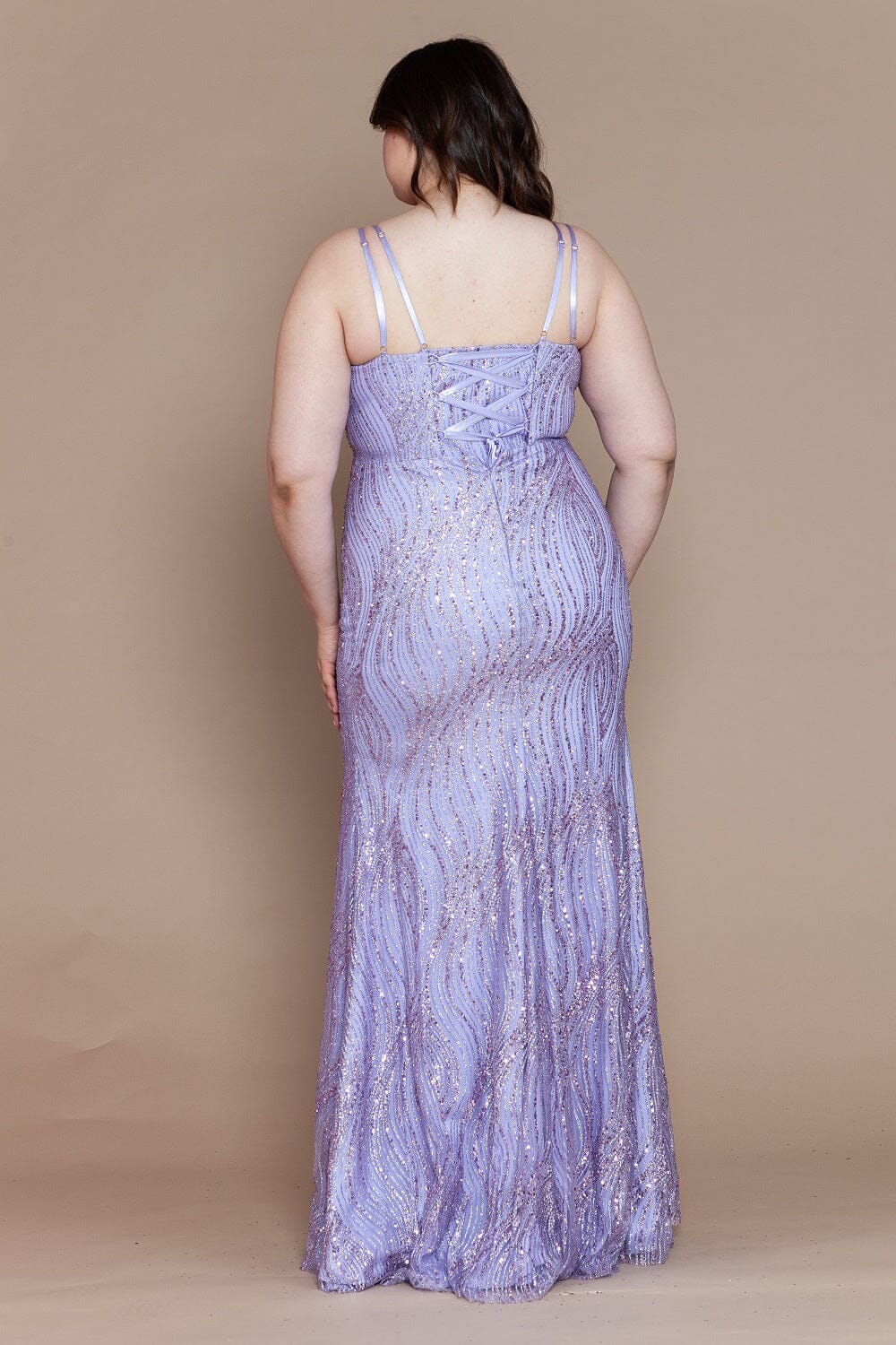 Lavender V-Neck Floor-Length Sequin Dress with Side Slit and Lace-Up Back Formal Gown Poly USA W1156