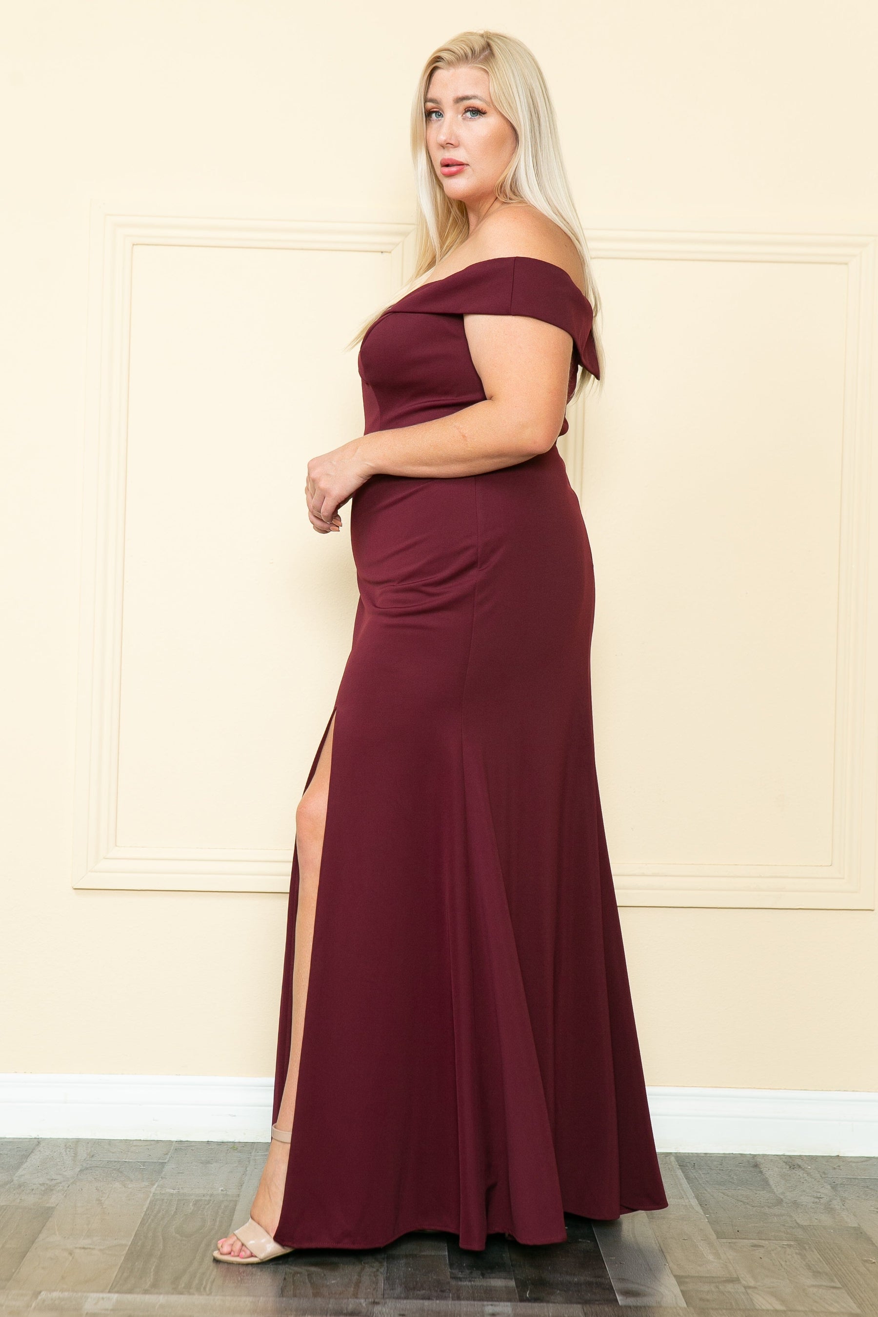 Burgundy Off-the-Shoulder Floor-Length Jersey Prom Gown with High Slit Plus Size Dress Poly USA W1118
