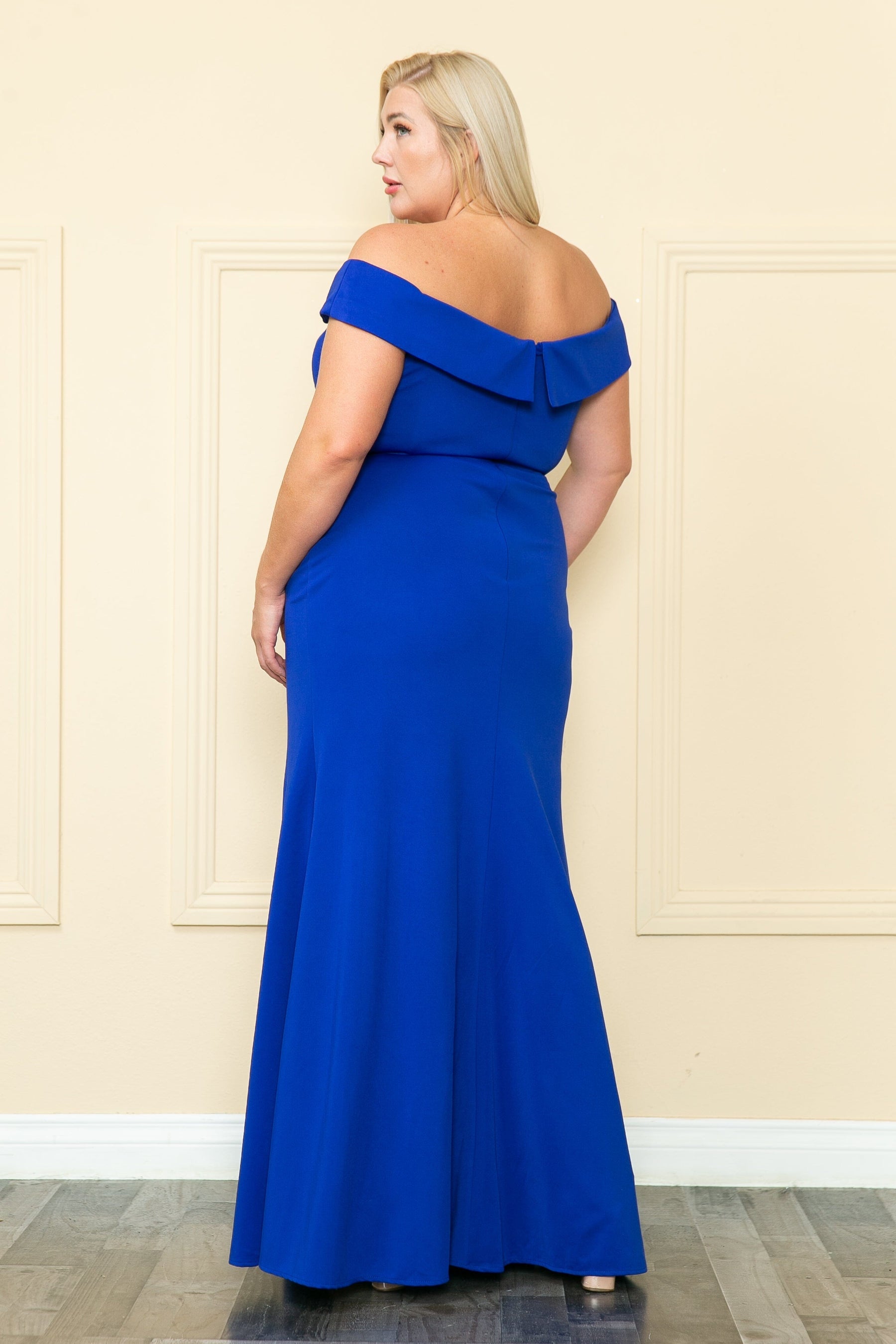 Royal Off-the-Shoulder Floor-Length Jersey Prom Gown with High Slit Plus Size Dress Poly USA W1118