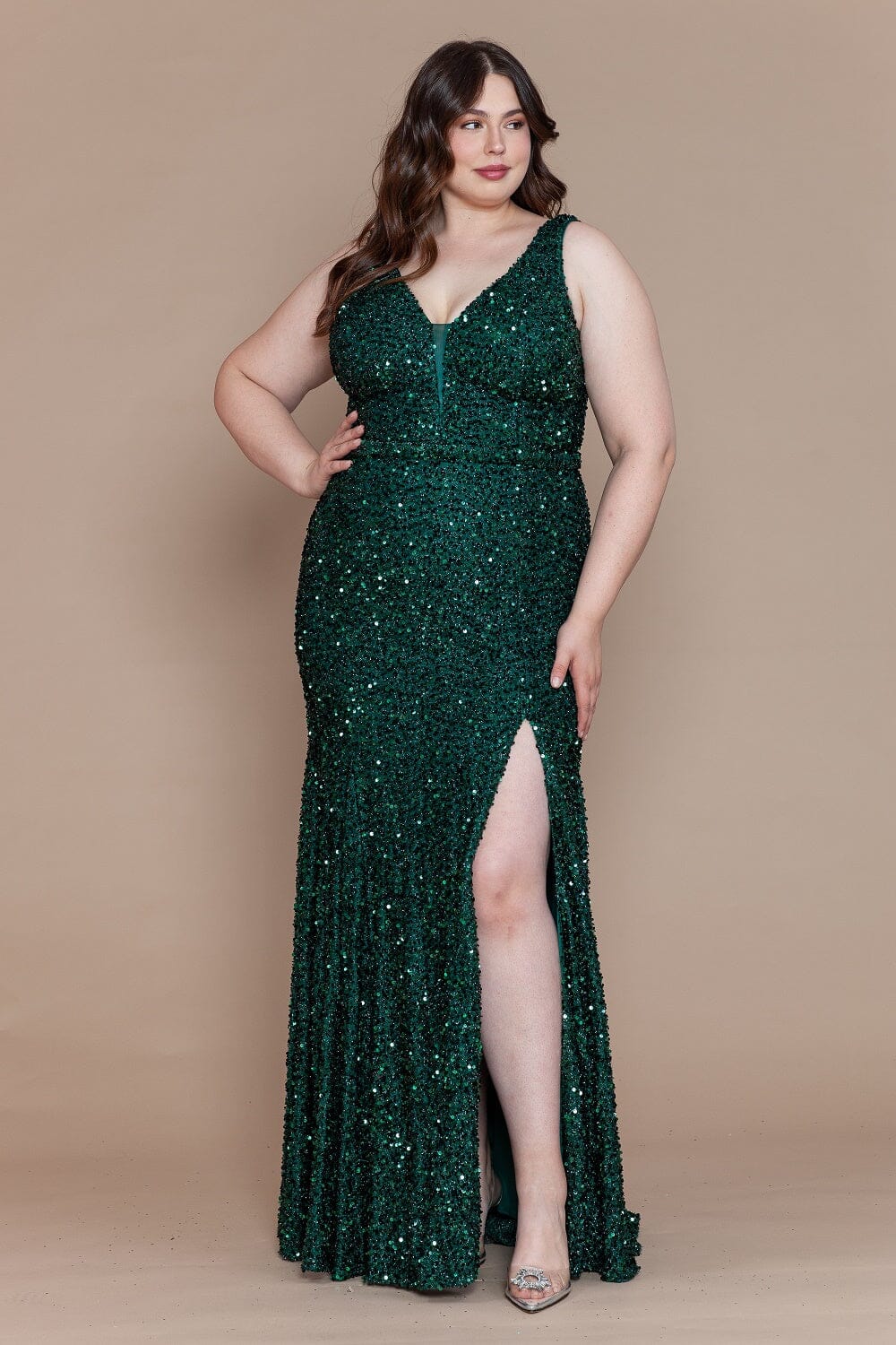 Emerald V-Neck Floor-Length Sequin Prom Gown with High Slit Plus Size Dress Poly USA W1122