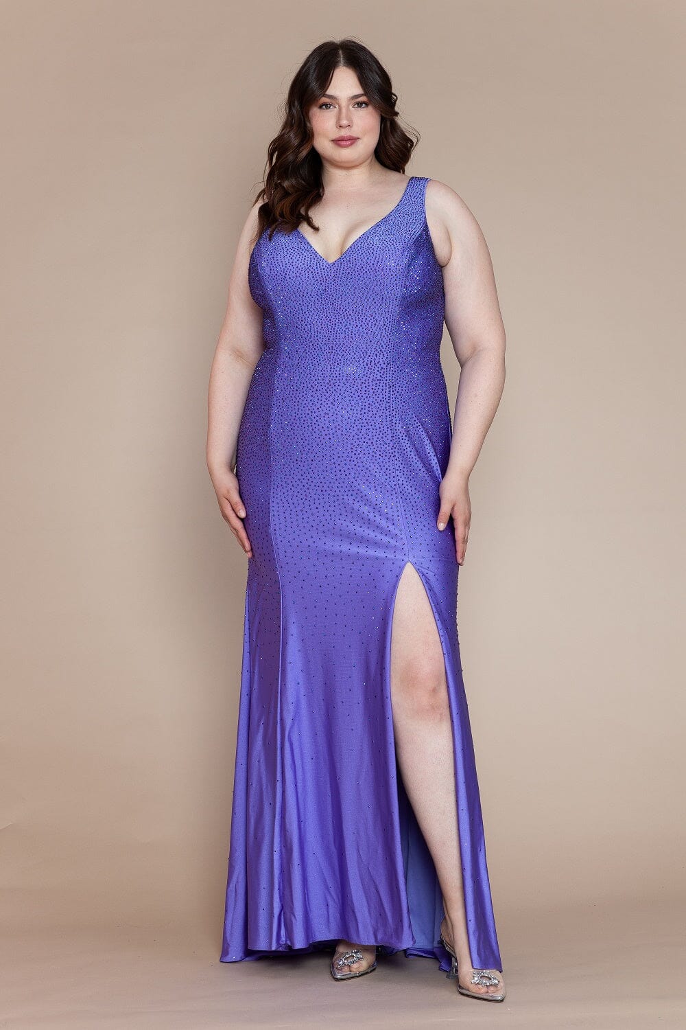 Purple V-Neck Sequin Floor-Length Jersey Prom Gown with High Slit Plus Size Dress Poly USA W1116