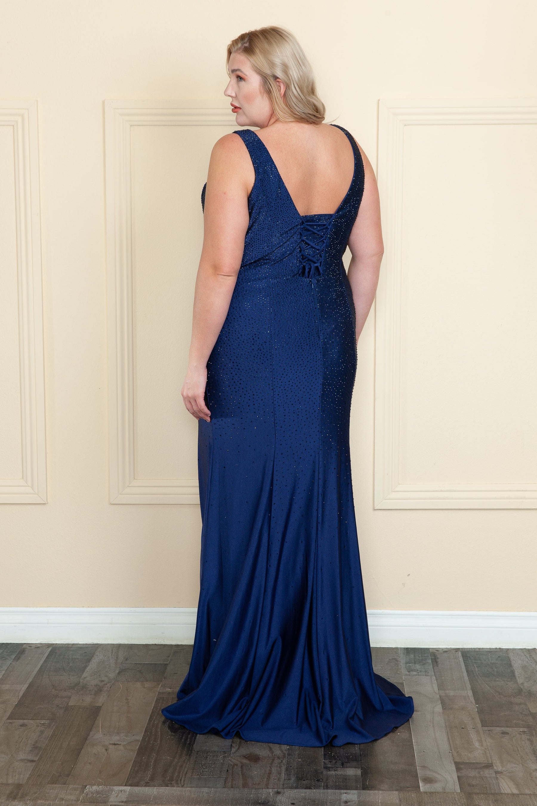 Navy V-Neck Sequin Floor-Length Jersey Prom Gown with High Slit Plus Size Dress Poly USA W1116