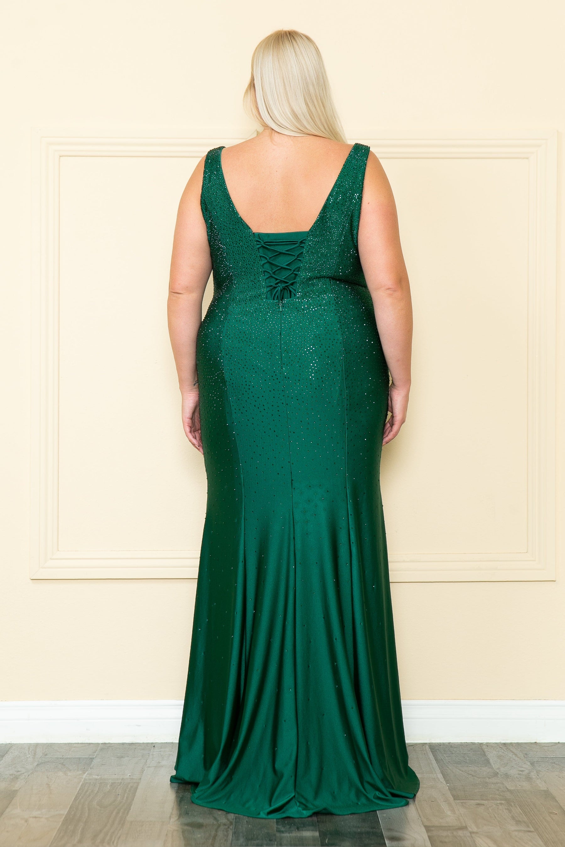 Emerald V-Neck Sequin Floor-Length Jersey Prom Gown with High Slit Plus Size Dress Poly USA W1116