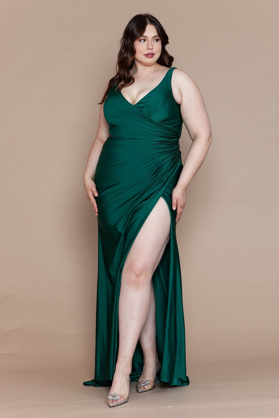 Emerald V-Neck Floor-Length Jersey Prom Gown with High Slit Plus Size Dress Poly USA W1114