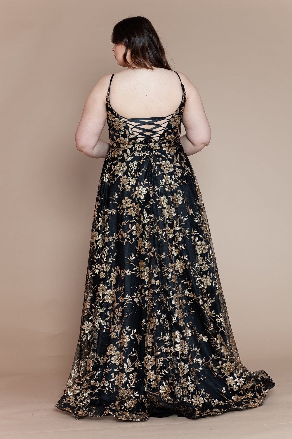 Plus Size Dresses Sweetheart Floor-Length Floral Tulle Gown with Lace-Up Back Formal Dress Poly USA W1134 Poly USA W1134 Black/Gold