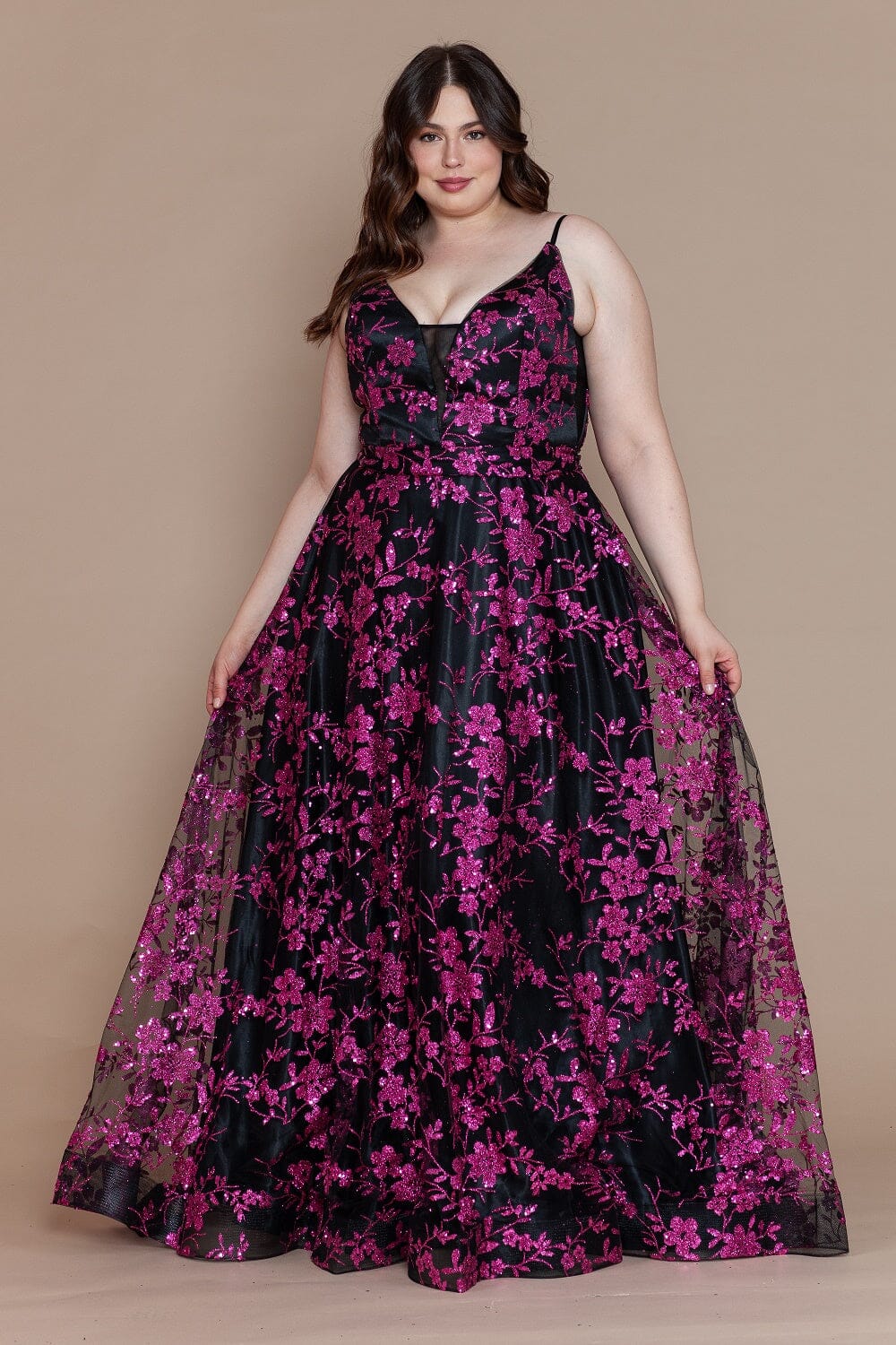 Plus Size Dresses Sweetheart Floor-Length Floral Tulle Gown with Lace-Up Back Formal Dress Poly USA W1134 Poly USA W1134 Black/Hot Pink