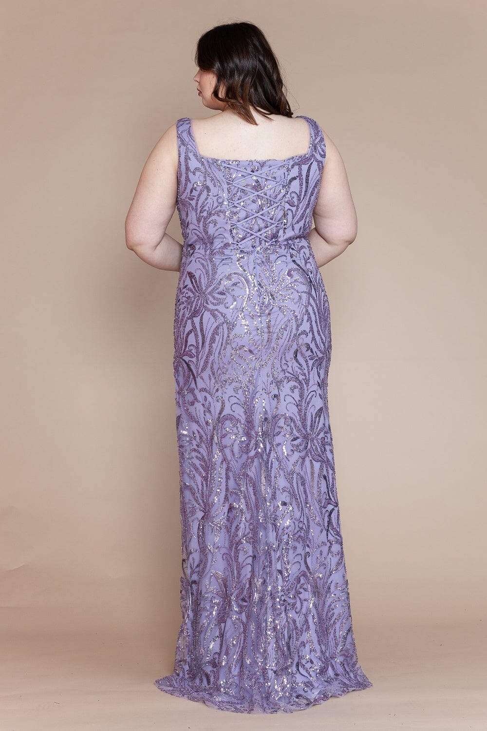 Lavender V-Neck Floor-Length Glitter Print Gown with Side Slit and Lace-Up Back Formal Dress Poly USA W1140