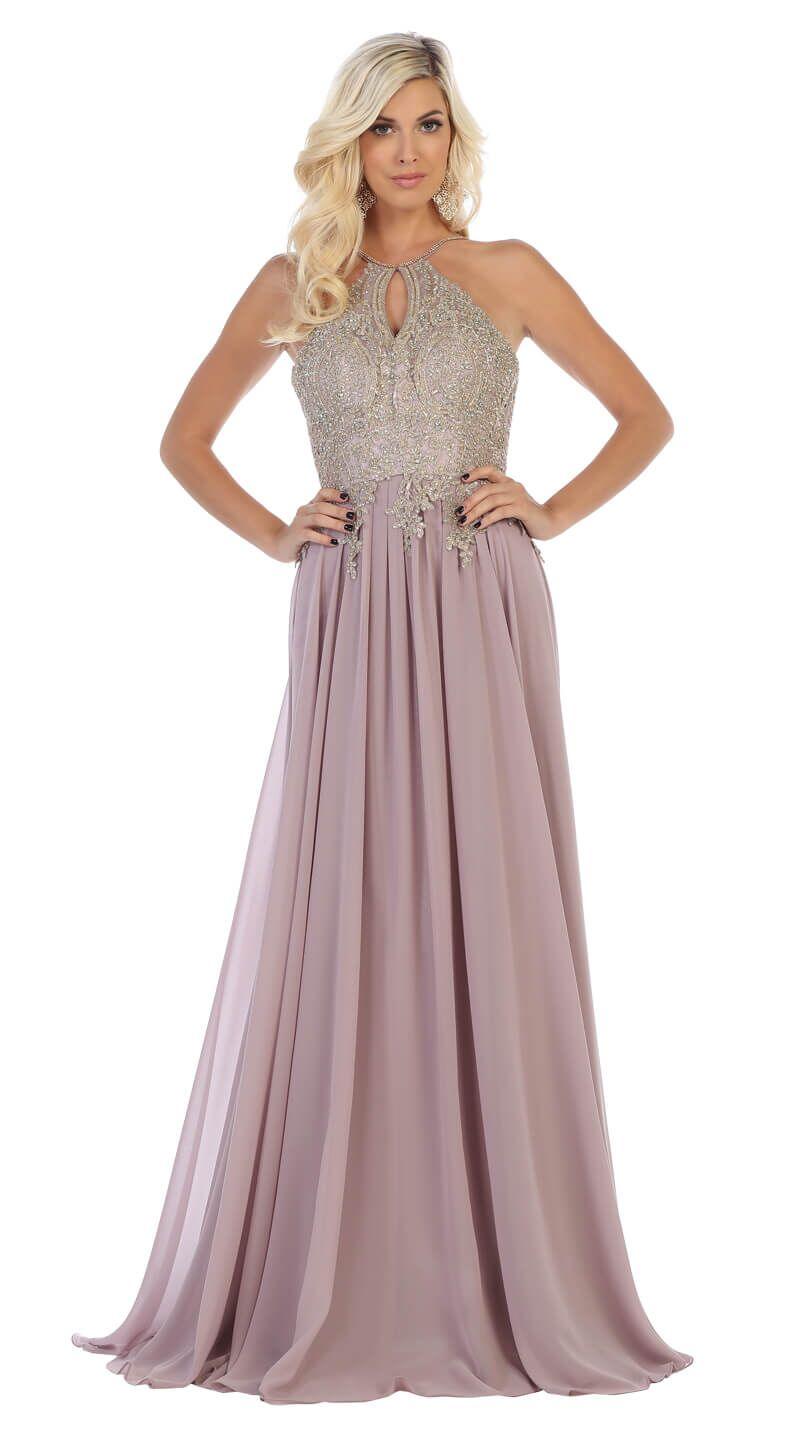 Plus Size Long Formal Evening Prom Halter Dress - The Dress Outlet May Queen