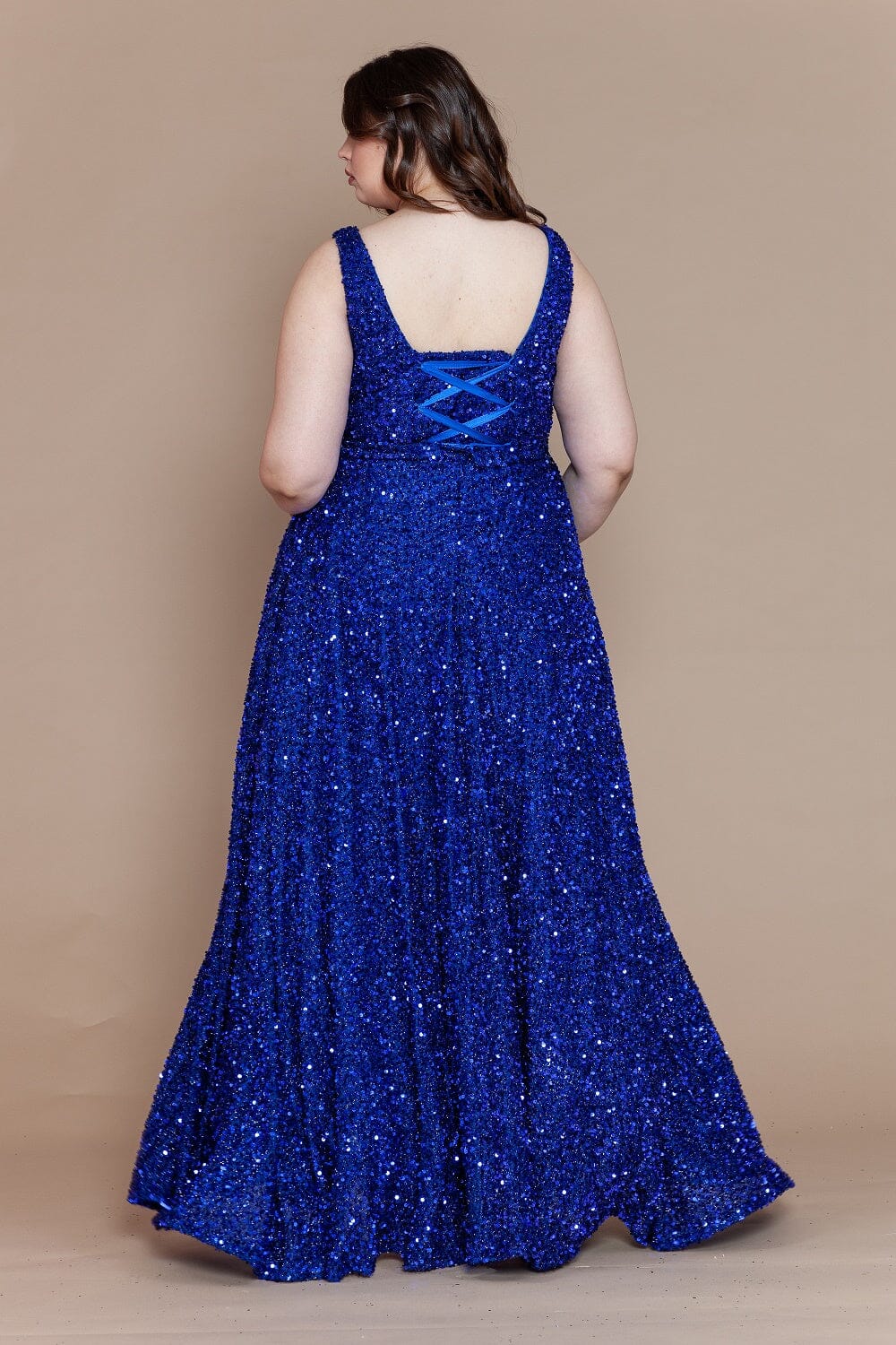 Royal V-Neck Floor-Length Sequin Prom Gown with High Slit Plus Size Dress Poly USA W1128