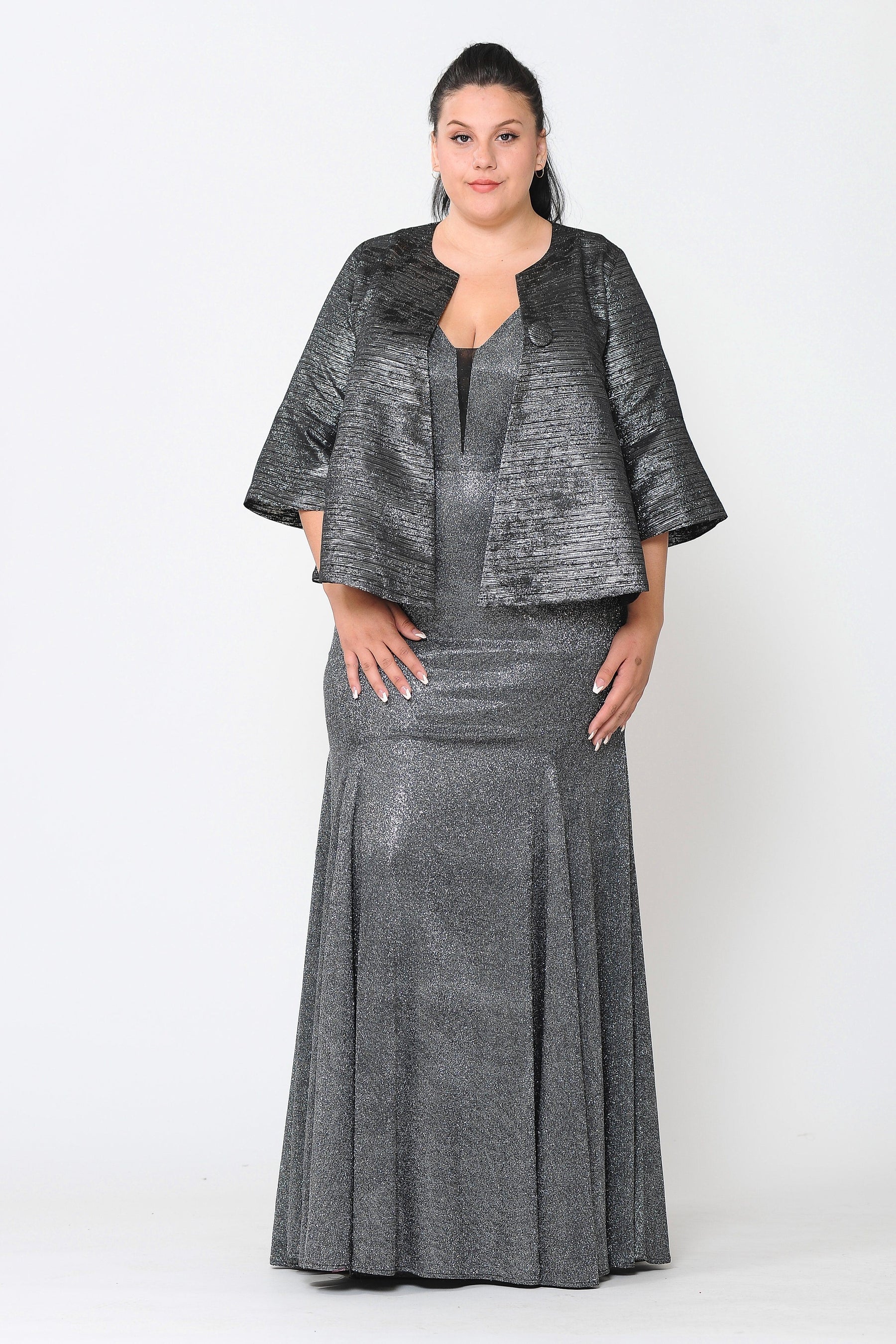 Black/Silver Jewel Short Metallic Formal Evening Jacket with Single Button Poly USA JK1922