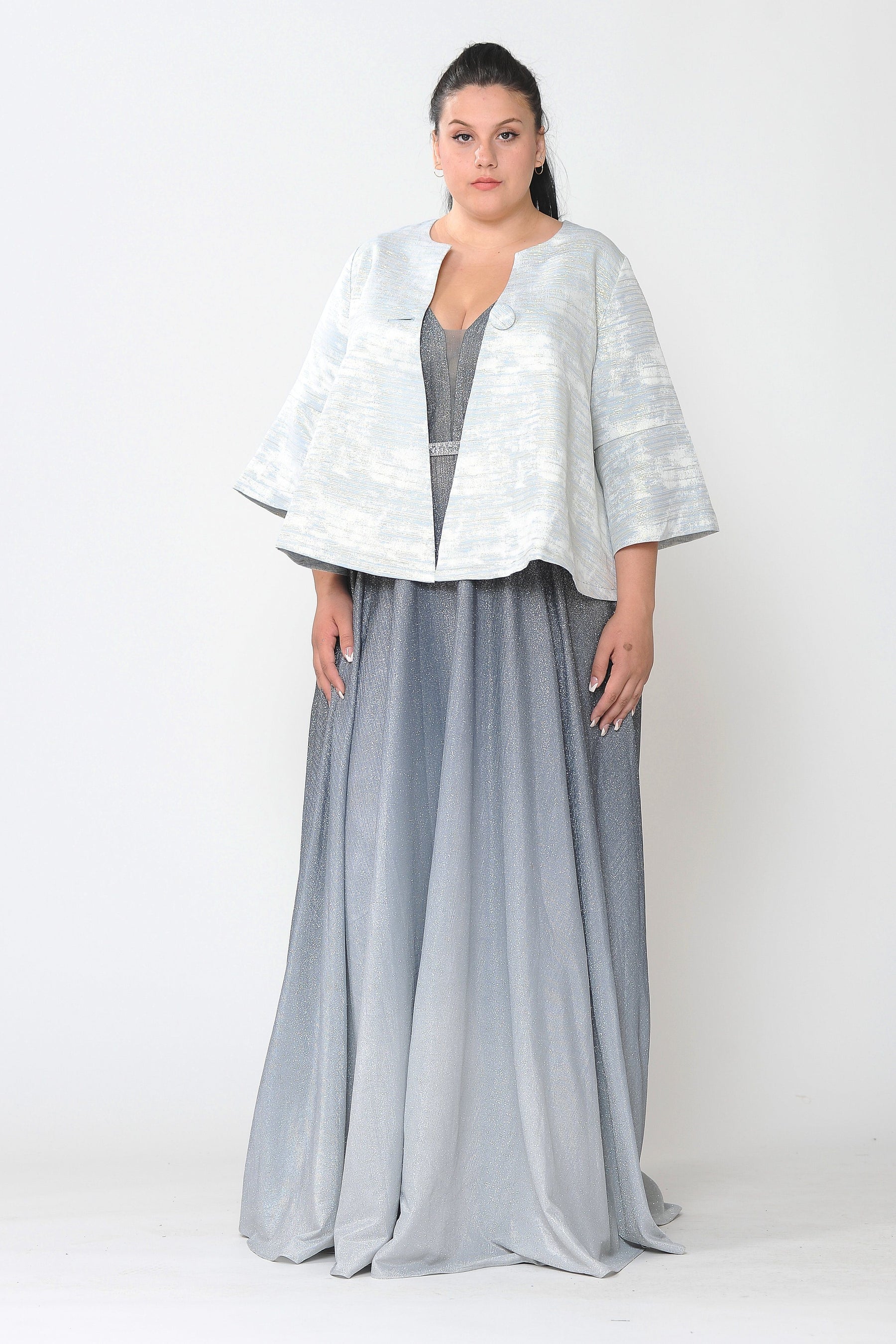 White/Blue Jewel Short Metallic Formal Evening Jacket with Single Button Poly USA JK1922