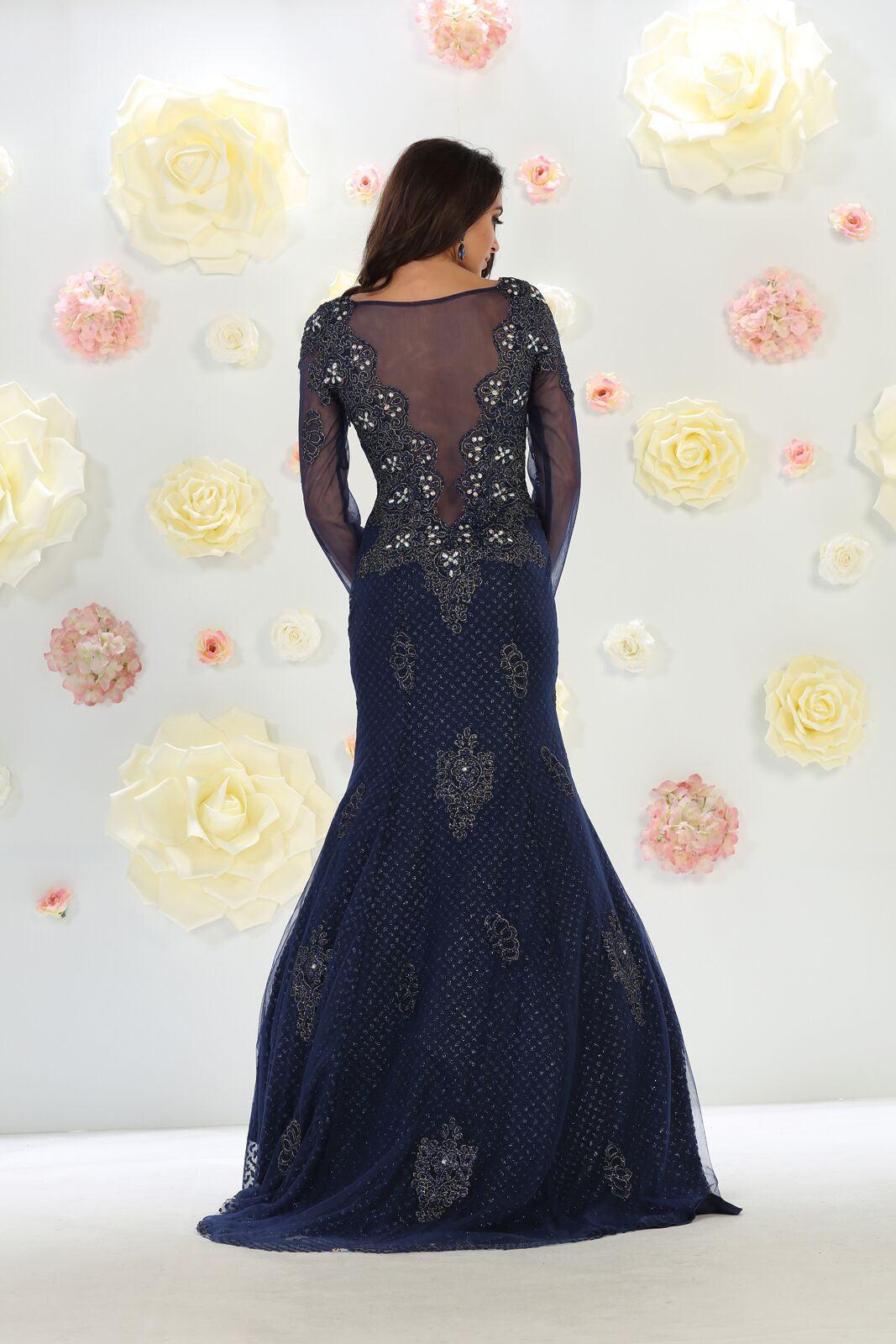 Plus Size Pom Long Sleeve Dress Formal Evening Gown - The Dress Outlet May Queen