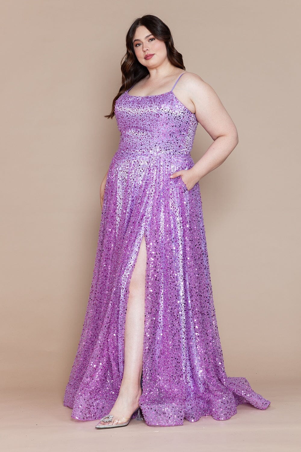Lavender Scoop Neckline Floor Length Sequin Prom Dress with High Slit Formal Gown Poly USA W1142