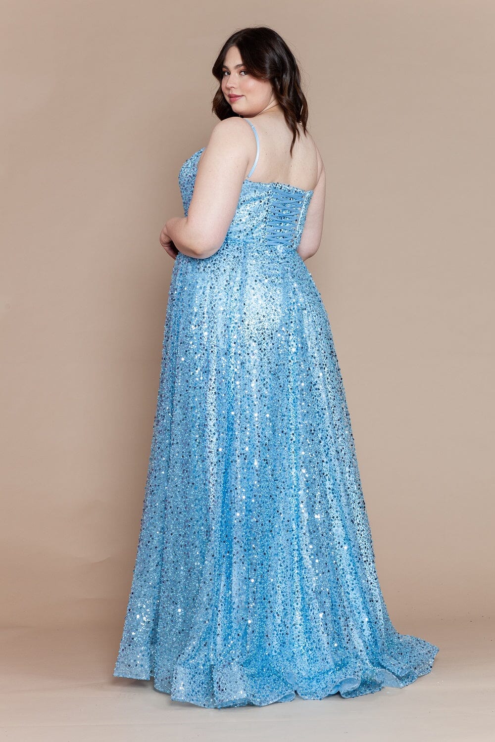 Blue Scoop Neckline Floor Length Sequin Prom Dress with High Slit Formal Gown Poly USA W1142