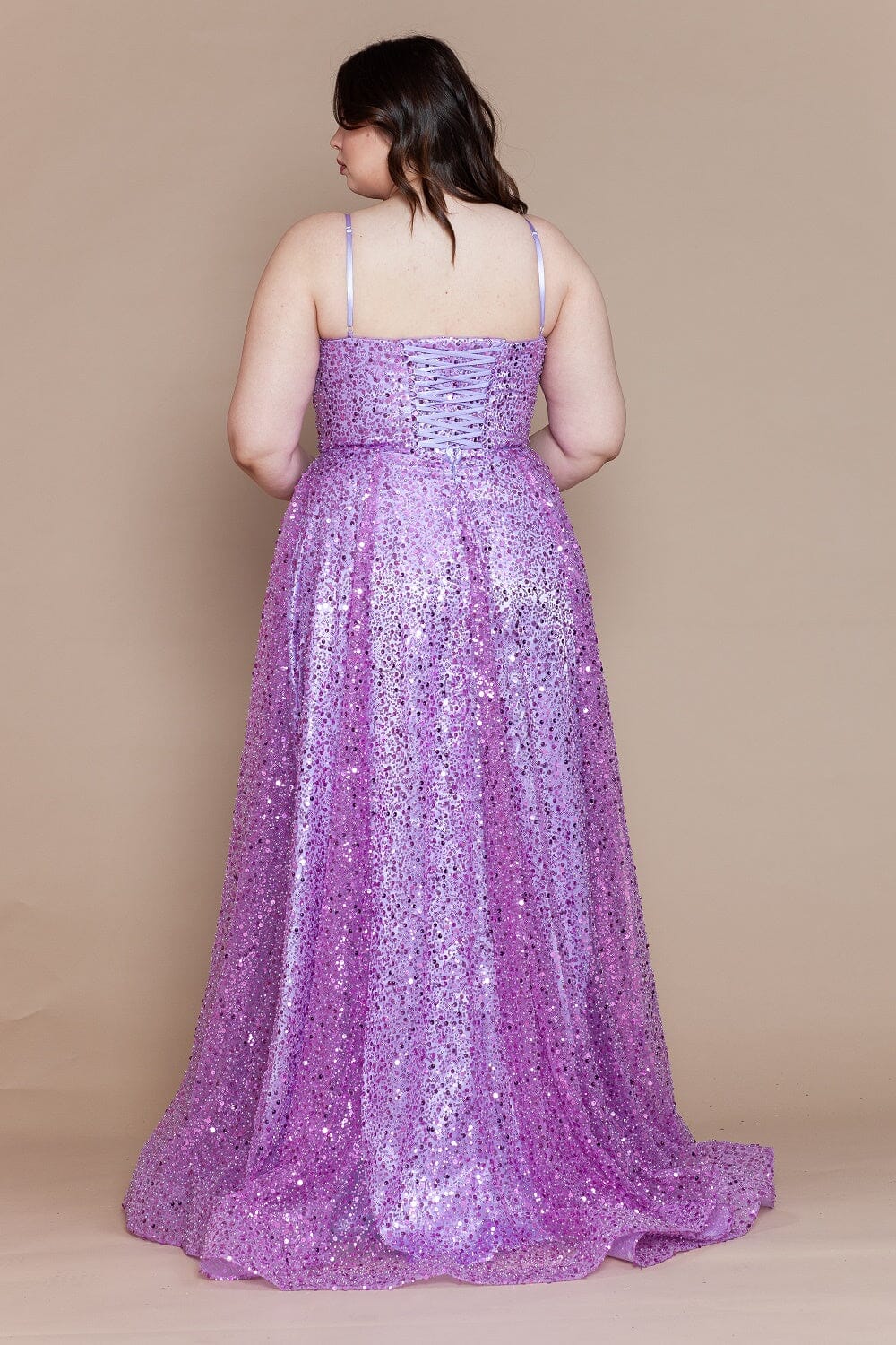 Lavender Scoop Neckline Floor Length Sequin Prom Dress with High Slit Formal Gown Poly USA W1142