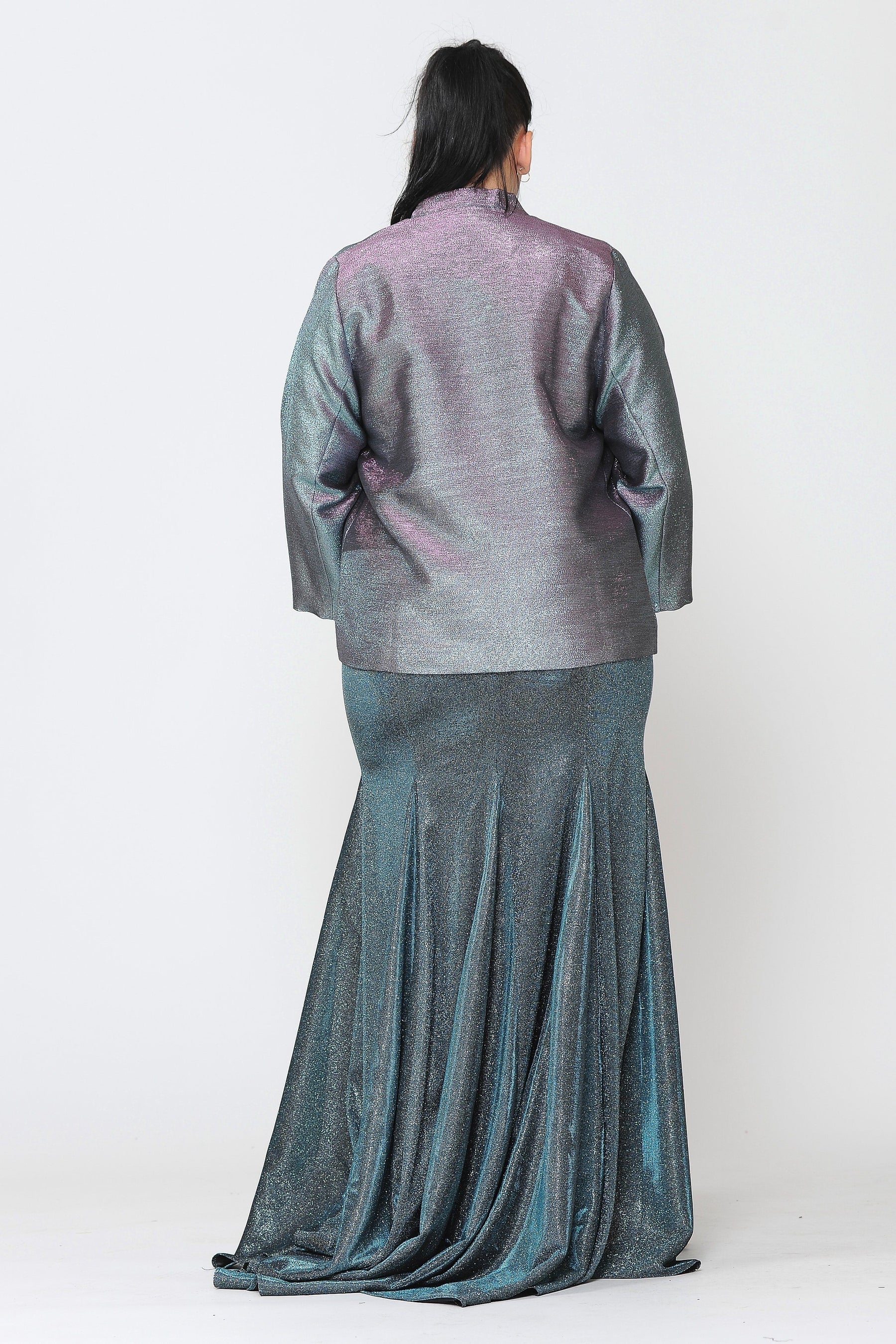 Teal Crew/High-Neck Short Metallic Iridescent Formal Jacket with Open Front Poly USA JK1908