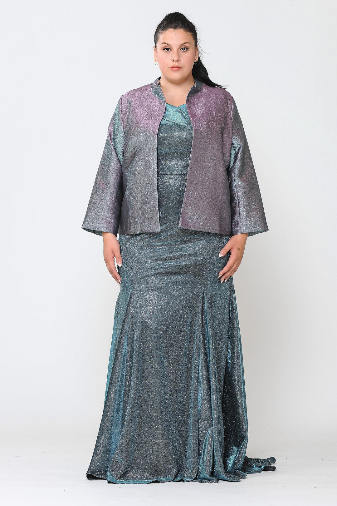 Teal Crew/High-Neck Short Metallic Iridescent Formal Jacket with Open Front Poly USA JK1908