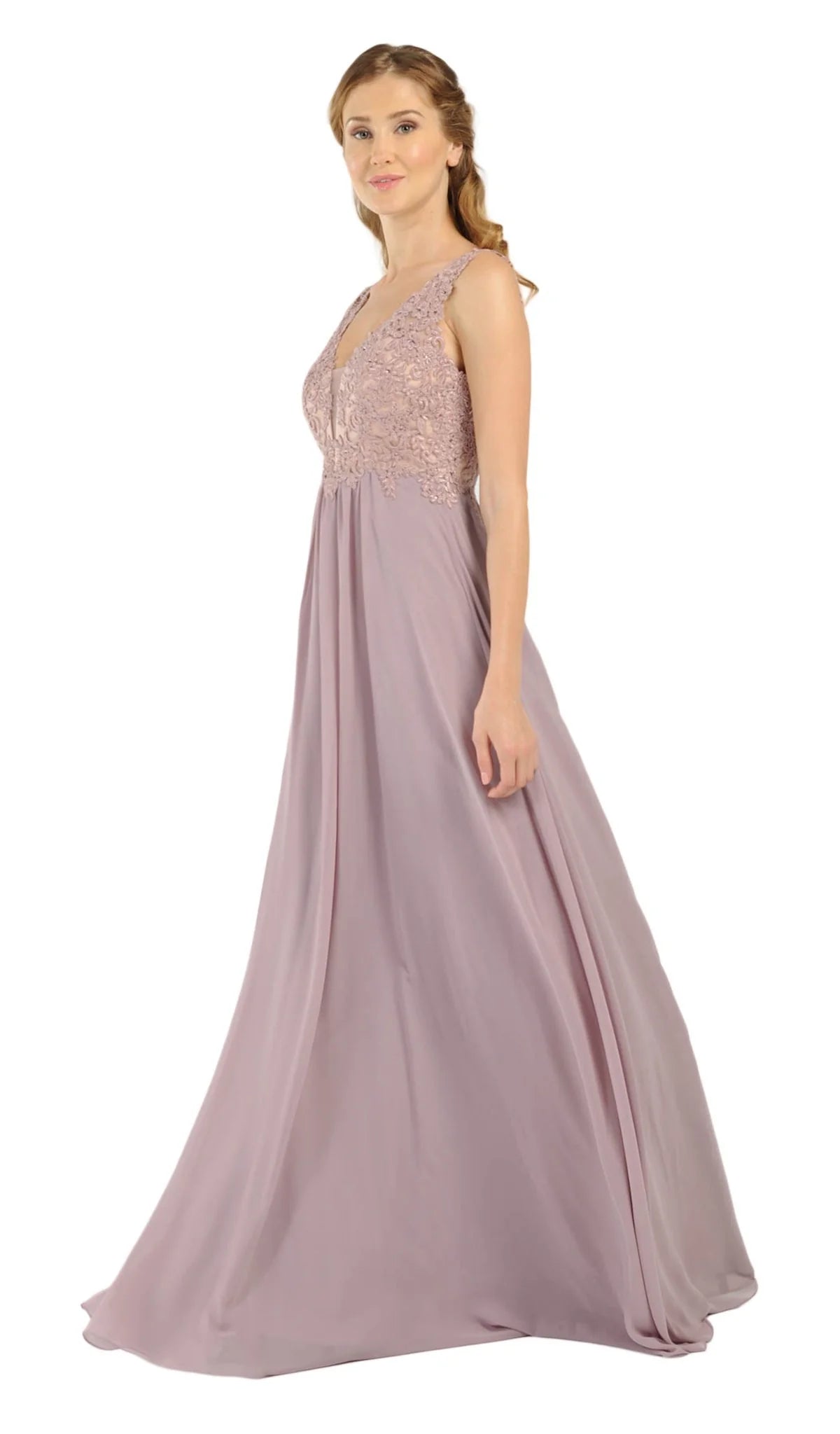 Mauve V-Neck Floor-Length Chiffon Prom A-Line Gown with Lace Appliques Poly USA 8012